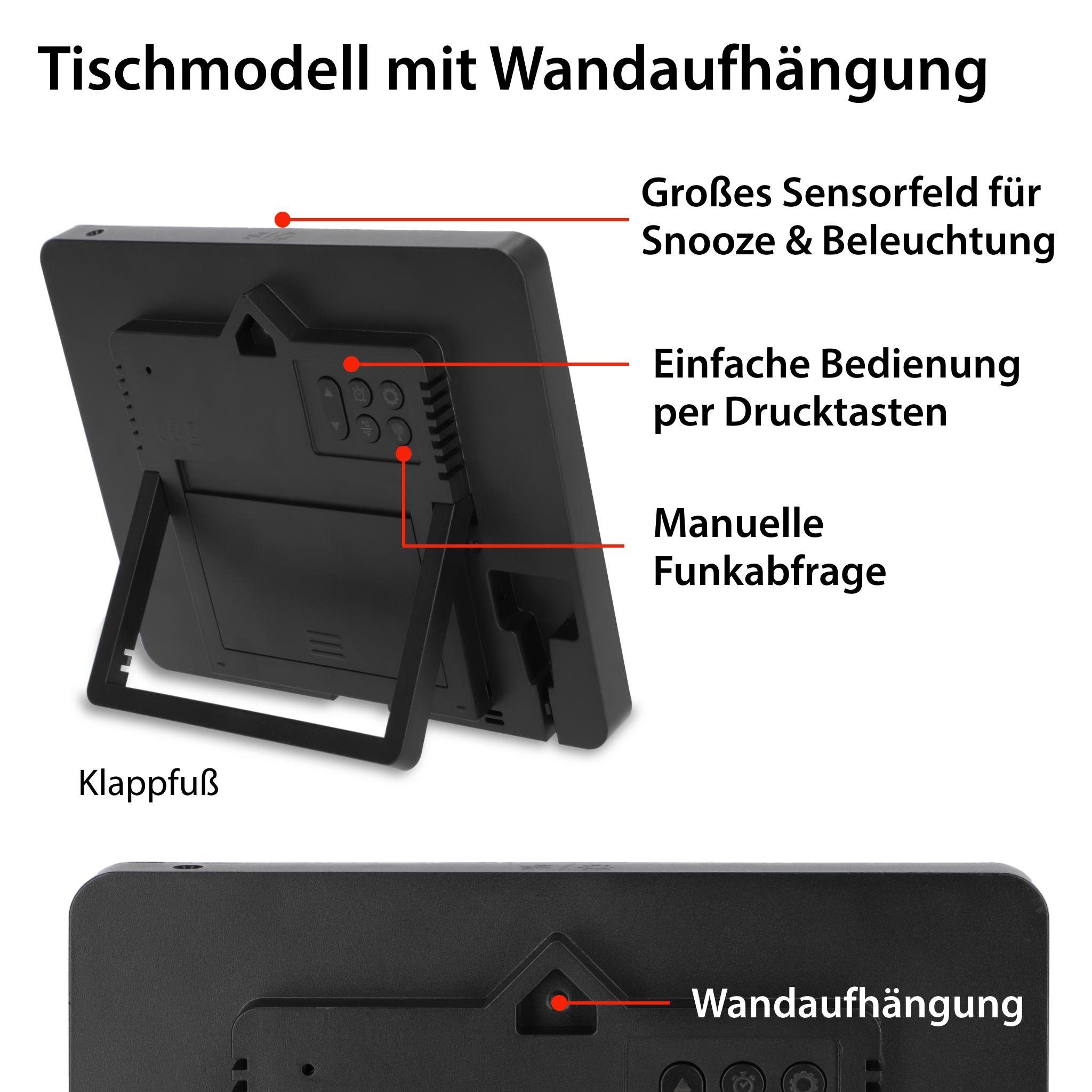 ADE Funktischuhr Digitale Tischuhr Wecker mit Thermometer und Hygrometer 2 Weckzeiten, ausgeschriebener Wochentag, zum Hängen oder Stellen
