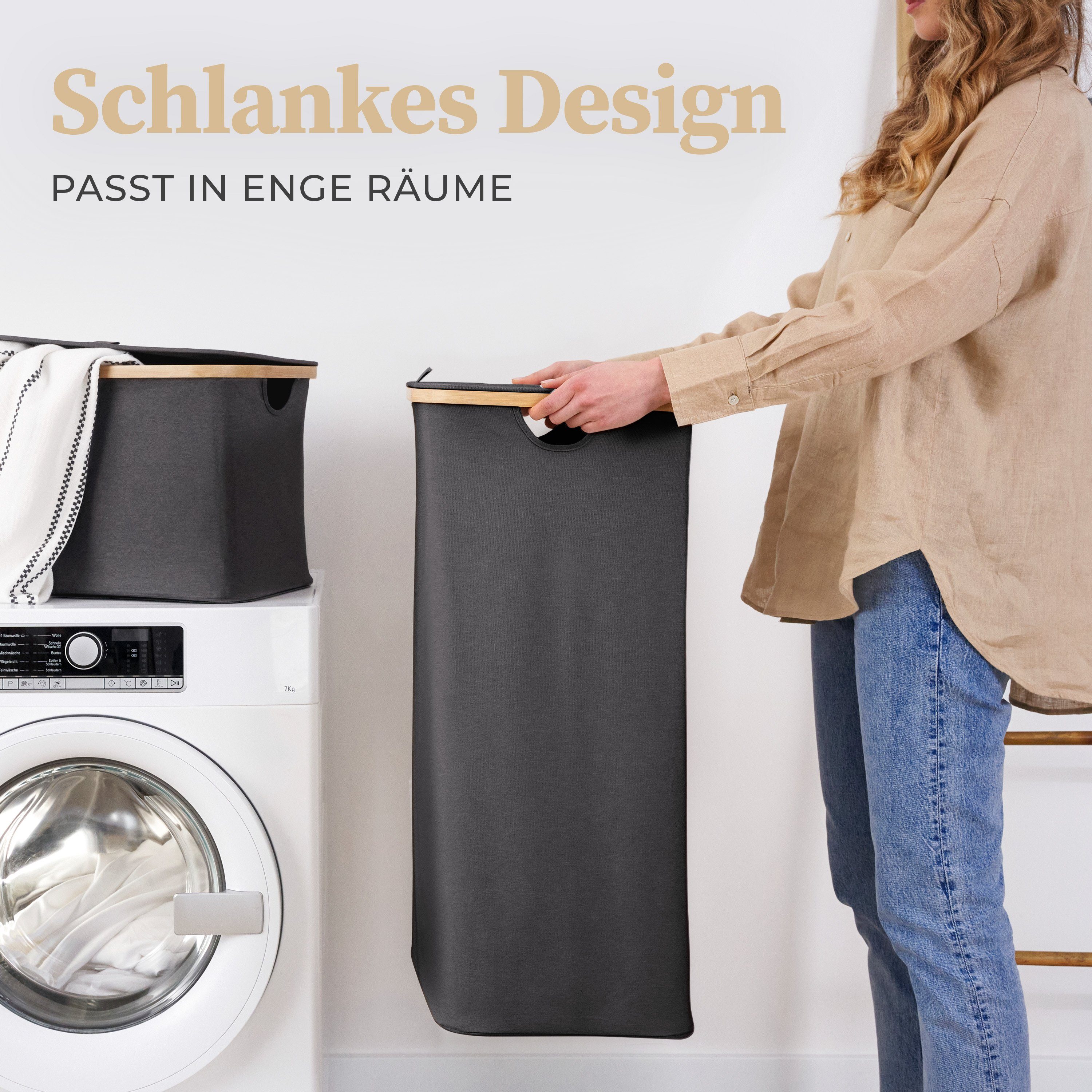 HENNEZ Wäschekorb 100L mit Deckel (Wäschekorb inkl. Wäschesack herausnehmbar), 1 Fach inkl herausnehmbarem Wäschesack Wäschesammler schmal mit Deckel