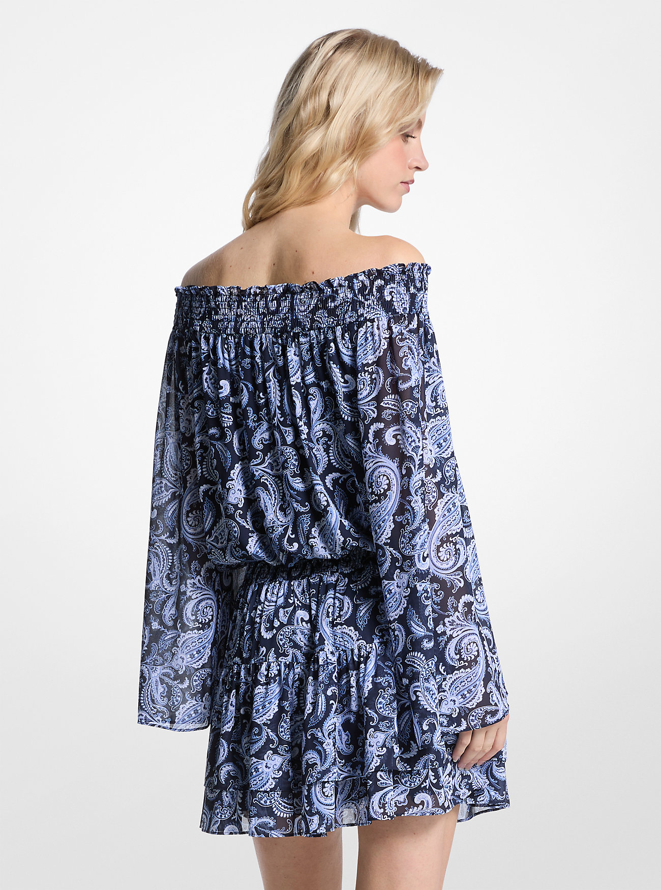Paisley Georgette Kjole Med Off-The-Shoulder - FRANSK BLÅ