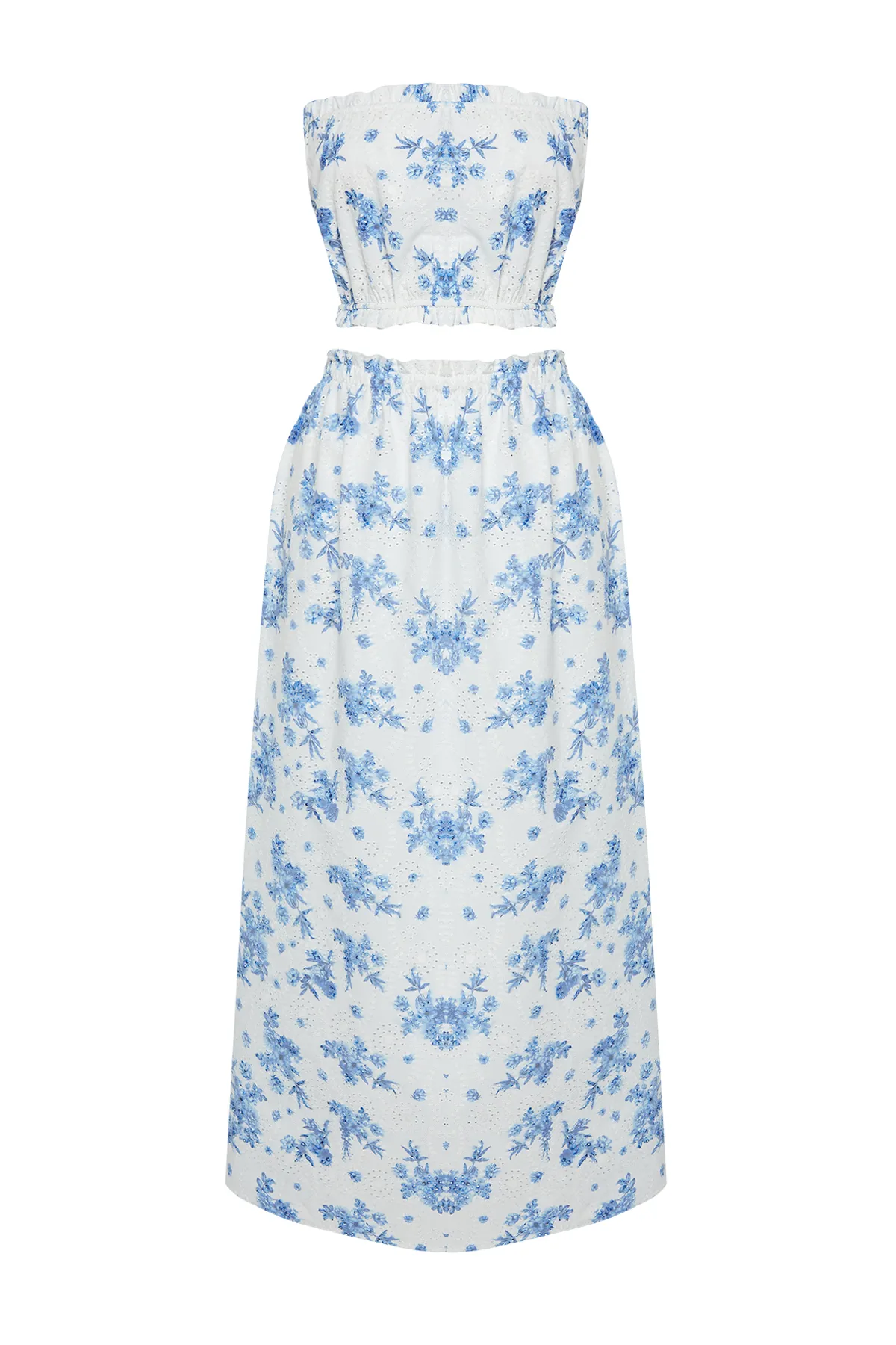 Trendyol Collection  Midi-Bluse mit gewebten Rüschen und Stickereien, 100 % Baumwolle, mit Blumenmuster, Rockanzug TBESS24AU00056