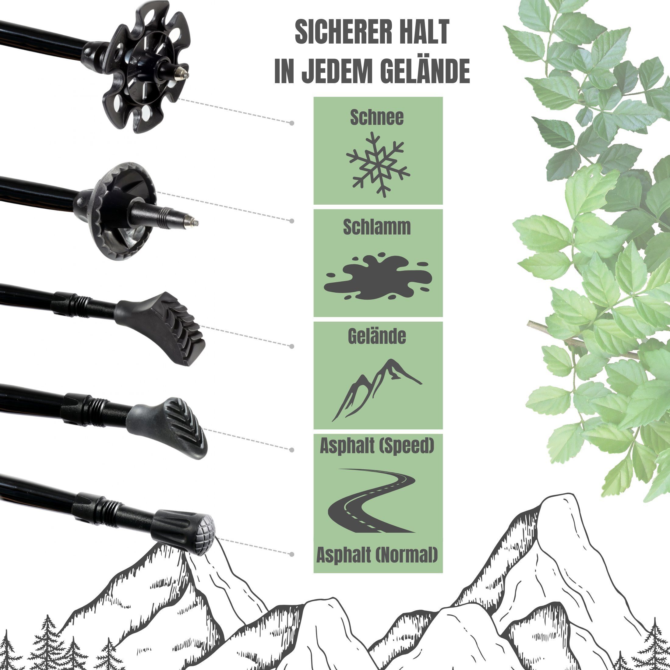 Muawo Nordic-Walking-Stöcke Premium faltbare carbon Walking Stöcke und Trekkingstöcke (Set, Vollständiges 15 Teile Set), 66% Carbon, ultraleicht, robust, falt- und verstellbar