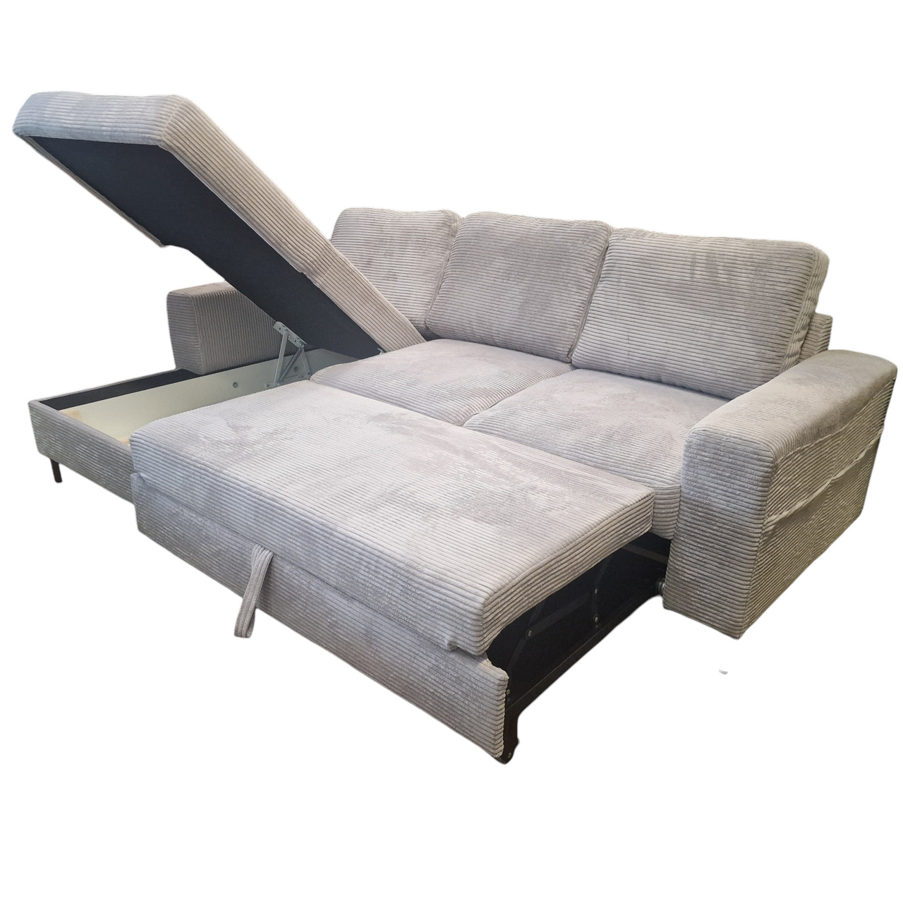 Möbel Punkt Ecksofa SAIGON Cord Anthrazit Grau mit Bettfunktion & Bettkasten Ottomane links