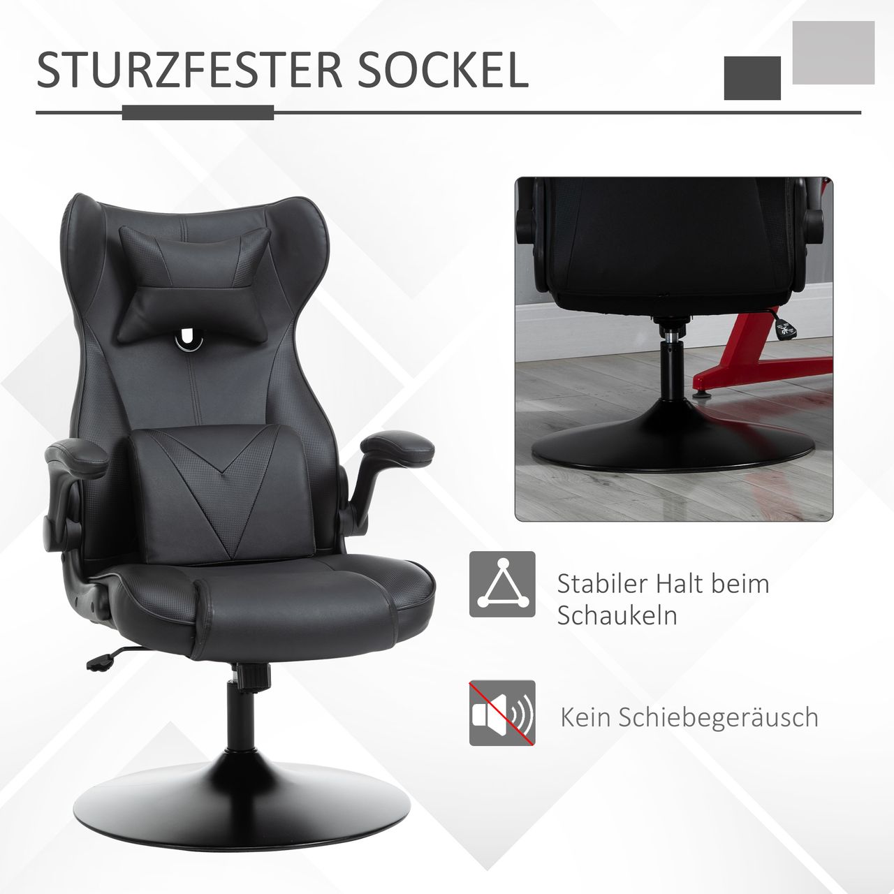 HOMCOM Gaming Stuhl Ergonomischer Computerstuhl Bürostuhl Schreibtischstuhl mit Wippenfunktion und Lendenkissen Drehstuhl höhenverstellbar gepolsterter Sitz Metall Schwarz 67x71x112 cm