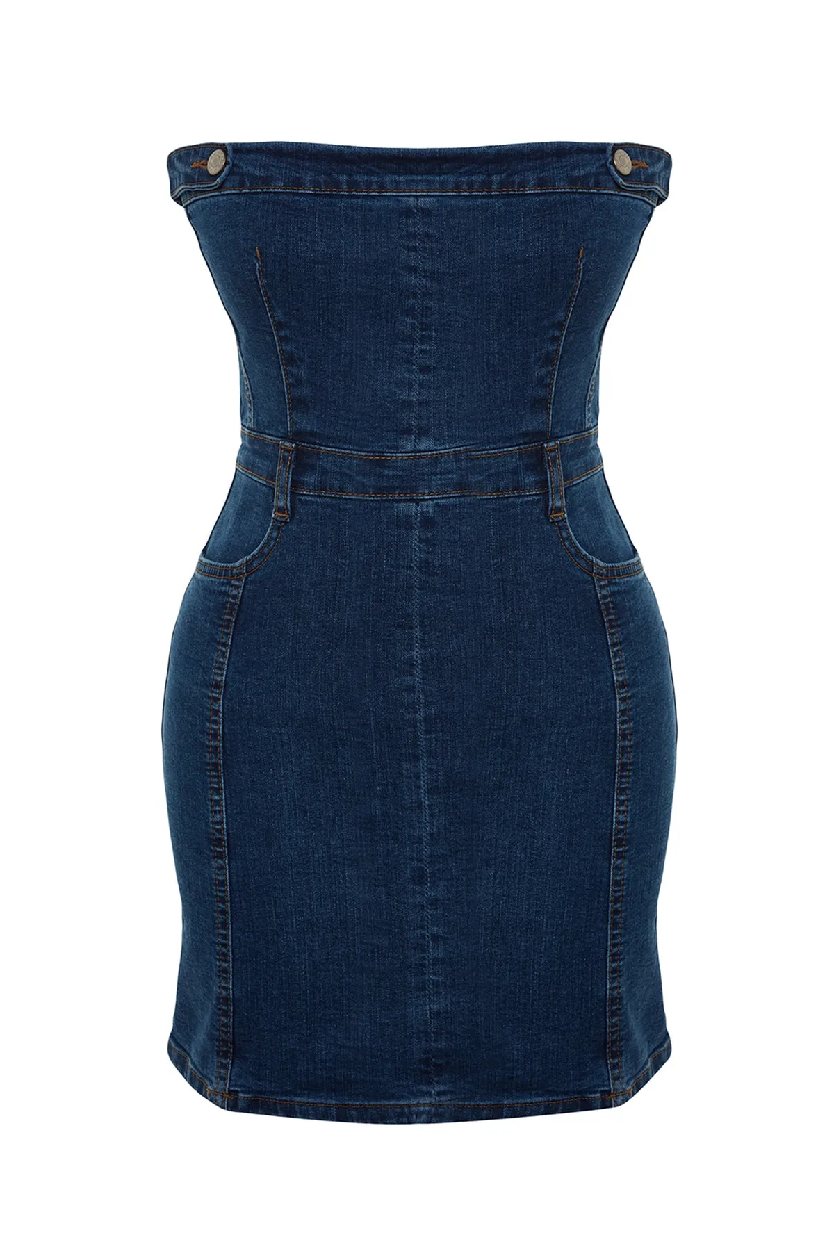 Trendyol Collection  Blaues, trägerloses Mini-Jeanskleid mit Knopfdetail in limitierter Auflage TWOSS23EL01731