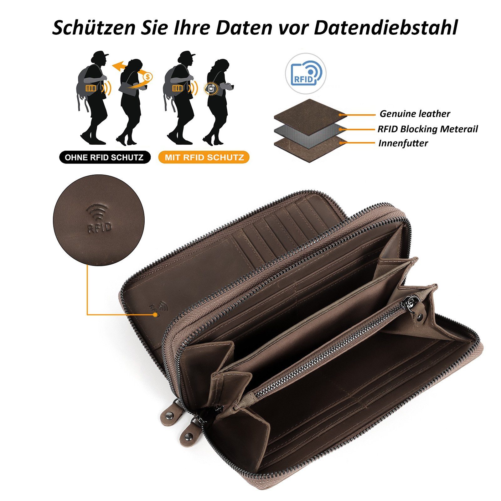 TAN.TOMI Geldbörse Brieftasche Geldbeutel Büffel Leder Braun groß im Langformat Vintage, RFID Schutz mit doppelten Reißverschlüssen und vielen Fächern