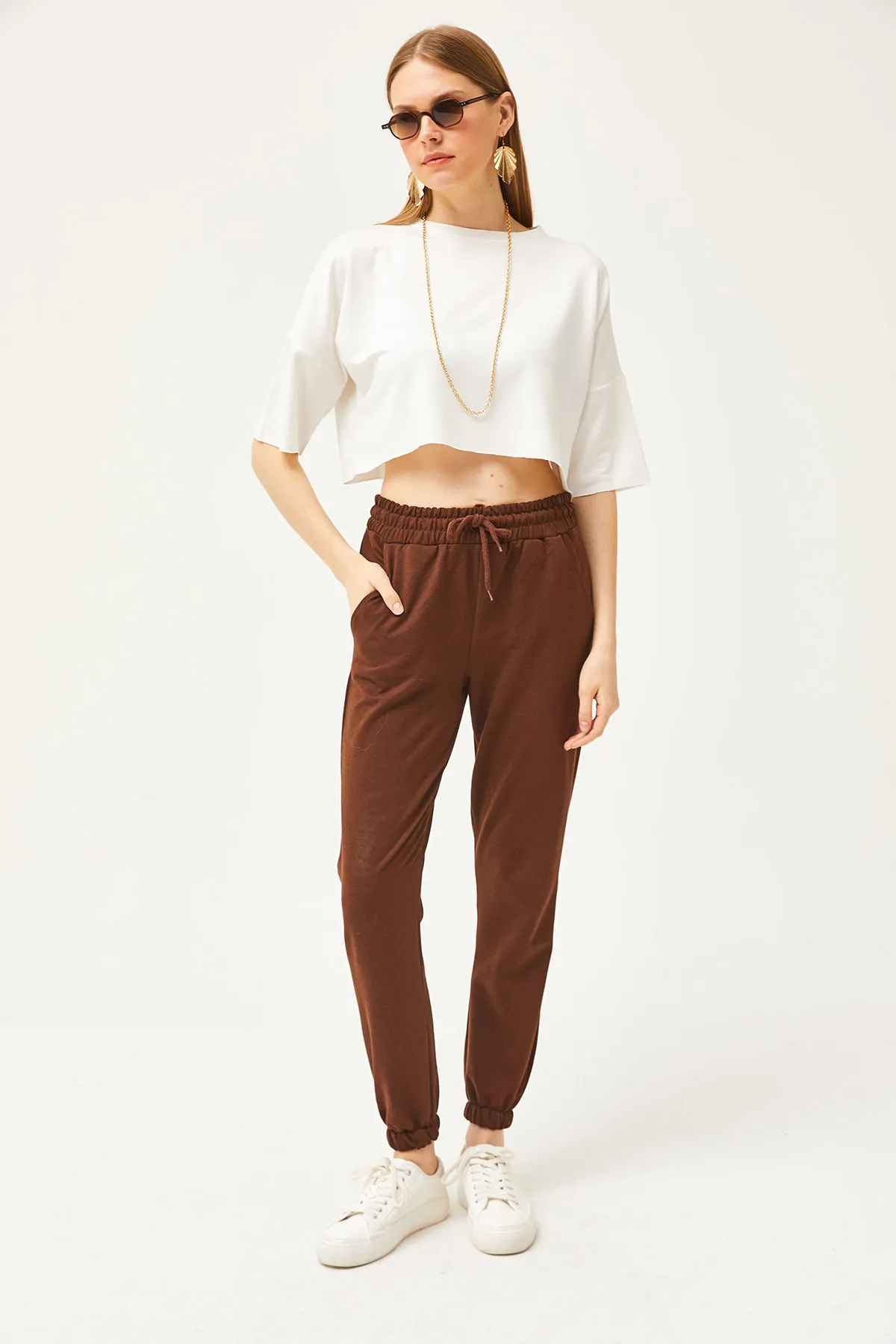 Olalook  Bitter Brown Damen-Jogginghose mit Taschen und elastischem Bund EŞF-00000066