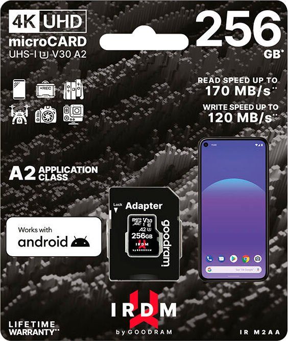Goodram IRDM 256GB microSDXC UHS I U3 A2 + adapter Speicherkarte (256 GB, Video Speed Class 30 (V30), 170 MB/s Lesegeschwindigkeit)