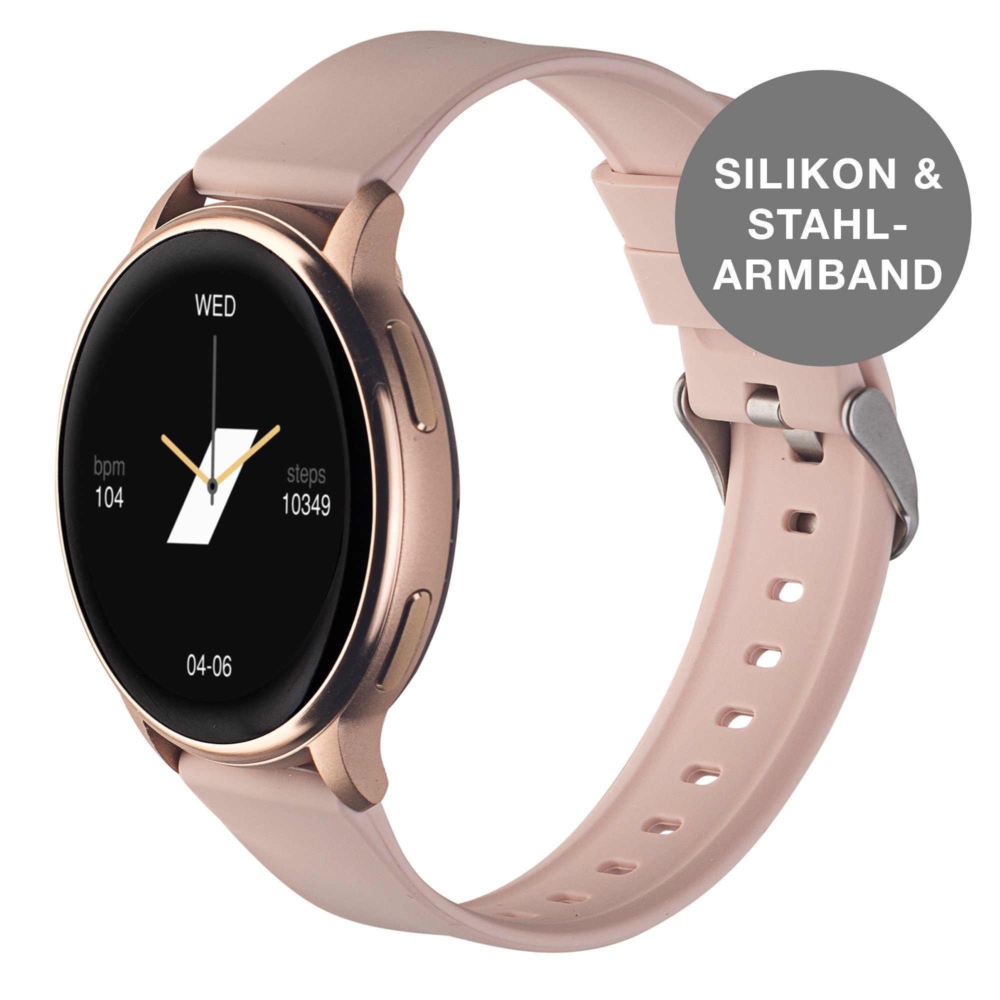 Levowatch F2 Damen Smartwatch (3,3 cm/1,3 Zoll, Android / iOS), Telefonie, Thermometer, inkl. Wechselarmband, Alu-Umrandung, Echtzeit-Puls, Hochauflösend 392dpi, Musiksteuerung, 2x Armbänder