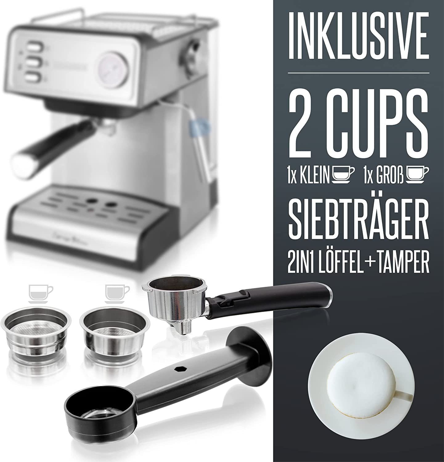 Heinrich´s Espressomaschine HES 8688, Edelstahlfilter, 20Bar Ulka Pumpe, Milchaufschäumer mit Barista Zubehör 1,6L