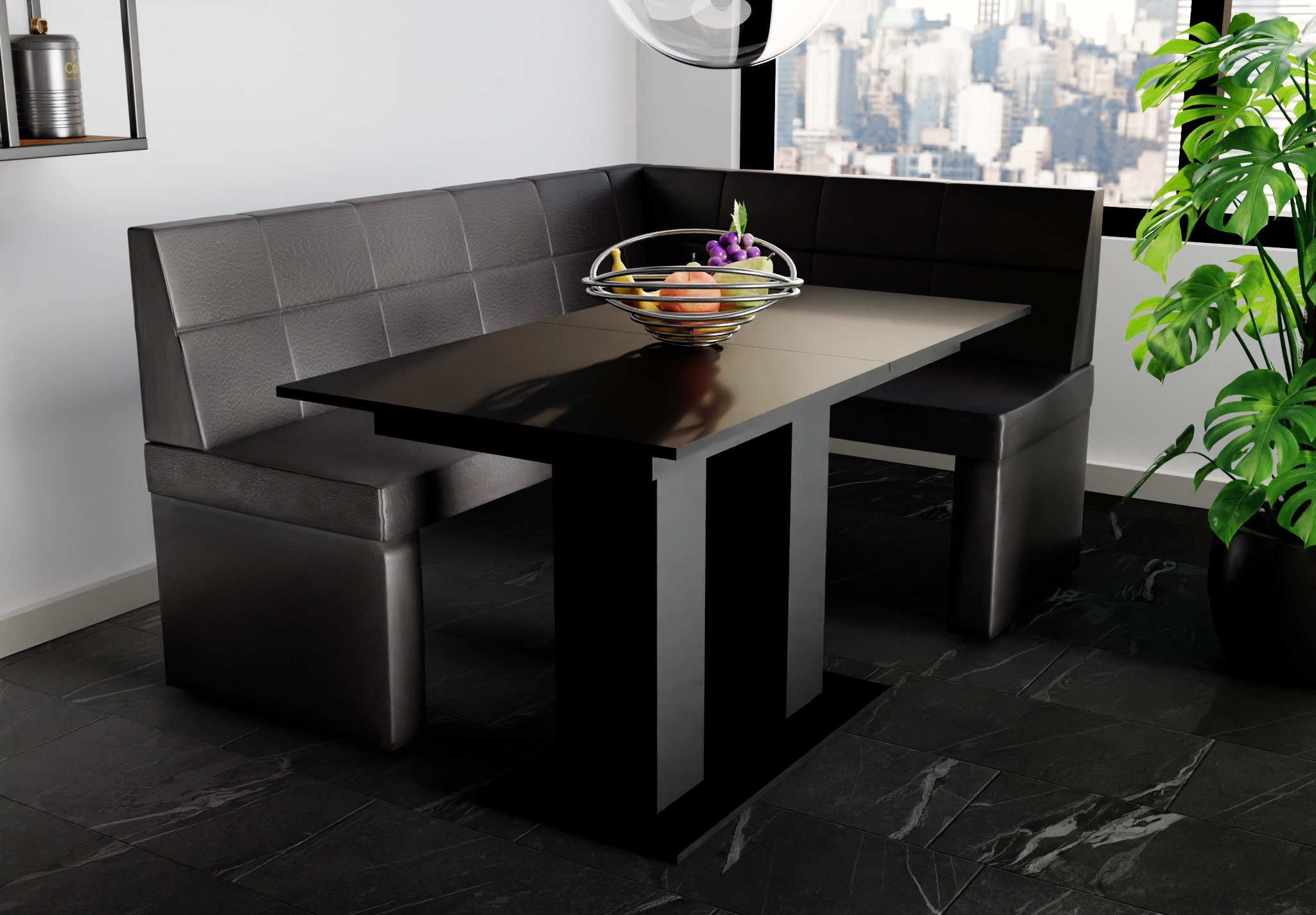 Fun Möbel Eckbankgruppe Eckbankgruppe „BLAKE XL“ Größe 196x142cm mit Tisch Schwarz matt, ausziehbarer Tisch