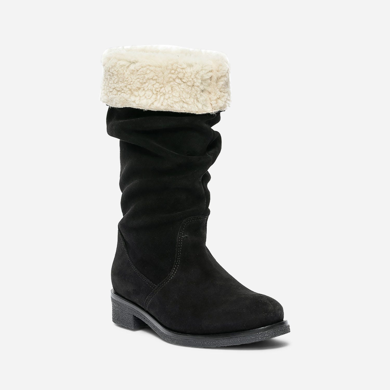 Botte noire en cuir velours éco-conçu plissé et fourré