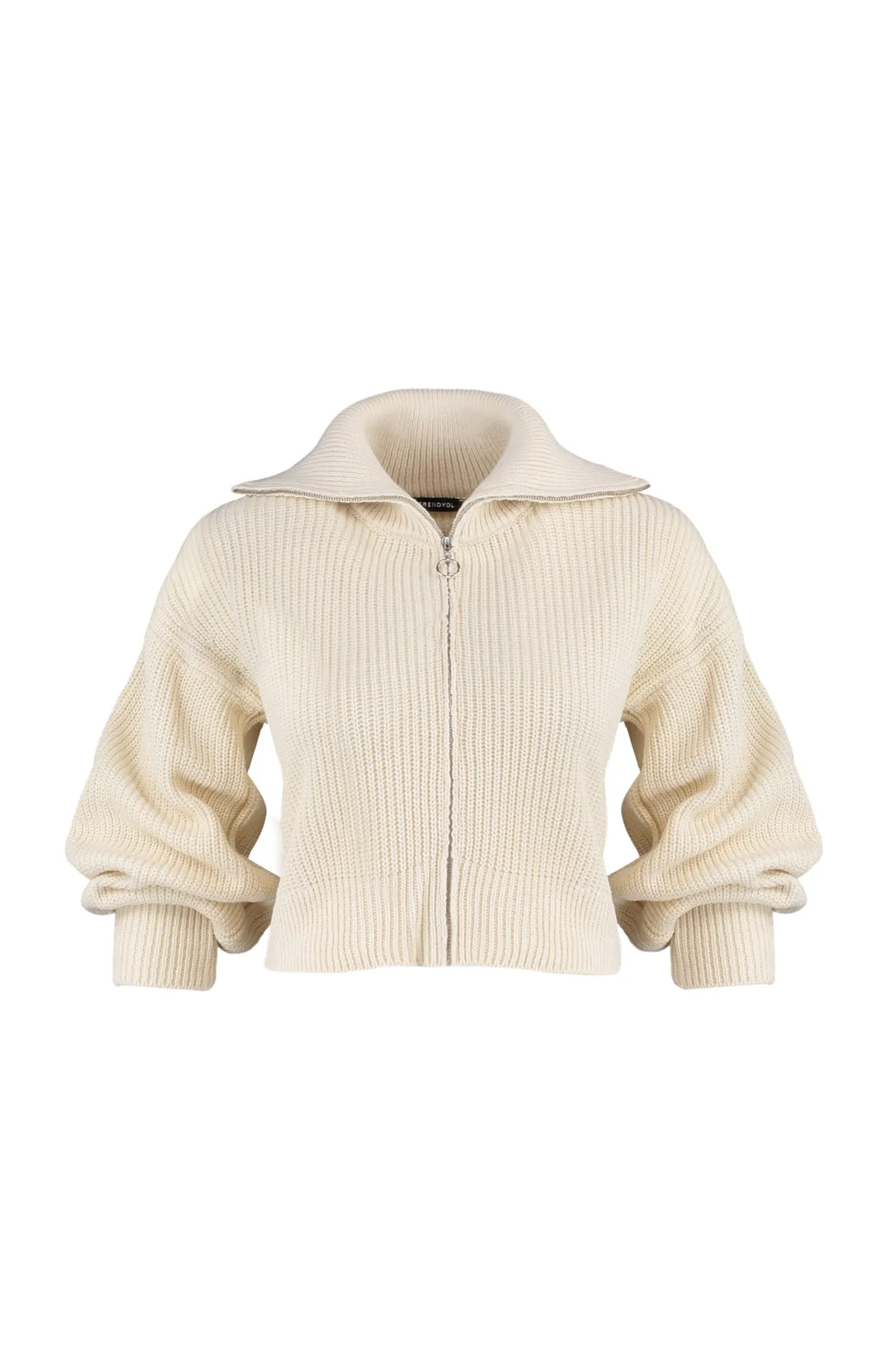 Trendyol Collection  Ecrufarbene, kurze Strickjacke mit Reißverschlussdetail TWOAW23HI00373