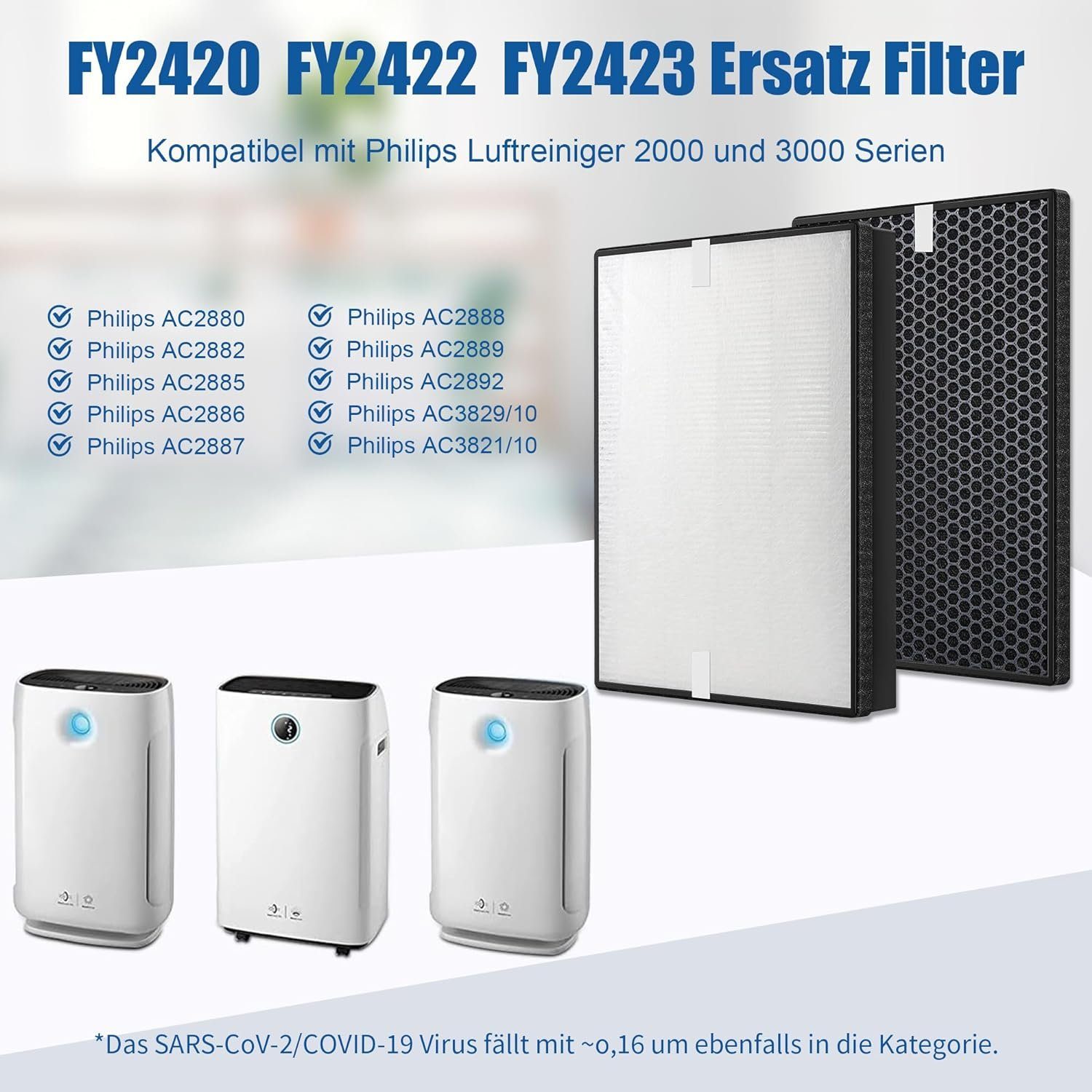 Kraftline Luftfilter Ersatzfilter Set für Philips Luftreiniger - HEPA & Aktivkohlefilter, AC2882, AC2887, AC2889 & AC3829, FY2422 & FY2420