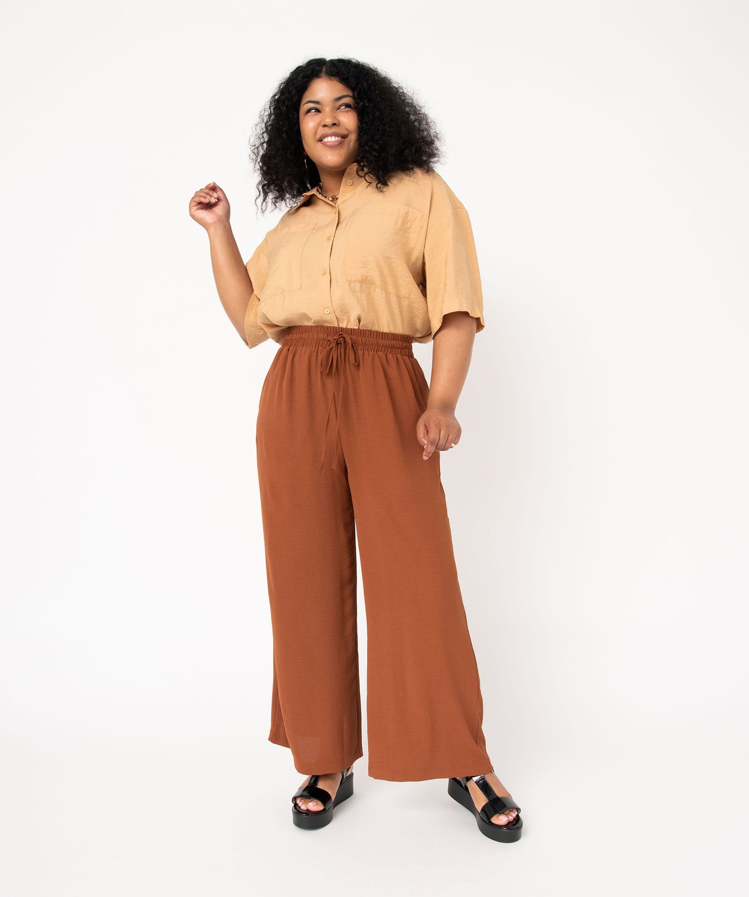 Pantalon ample avec ceinture élastique femme grande taille marron | GEMO