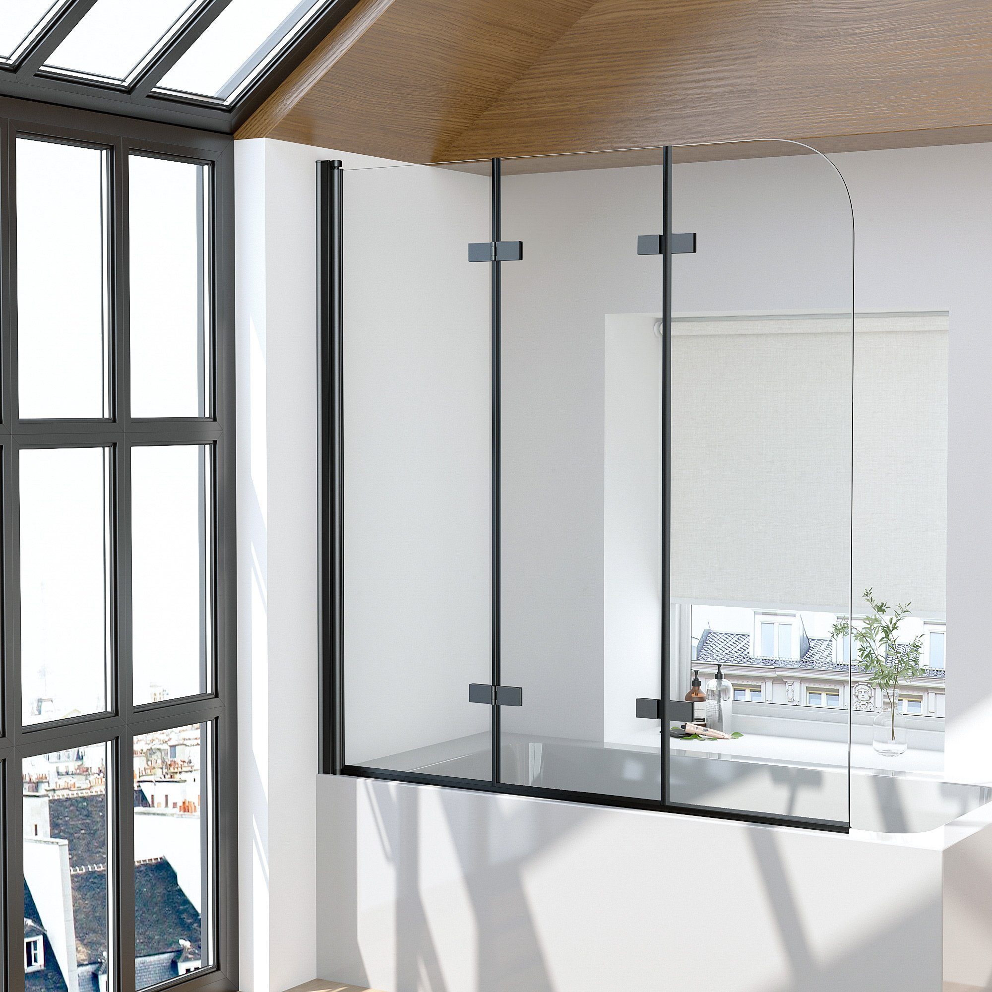 Boromal Badewannenaufsatz Duschwand Badewanne Schwarz 130cm 3-teilig Faltbar Badewannenfaltwand, (Klarglas /Teilsatiniert glas), Badewannenfaltwand Glaswand 6mm ESG Glas