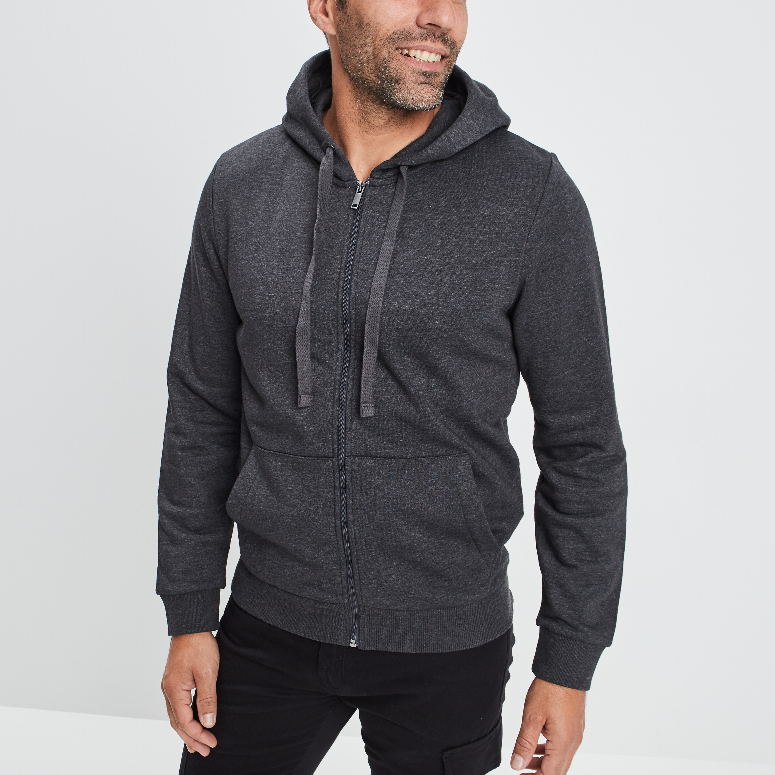 Sweat zippé molleton à capuche gris foncé homme | La Halle