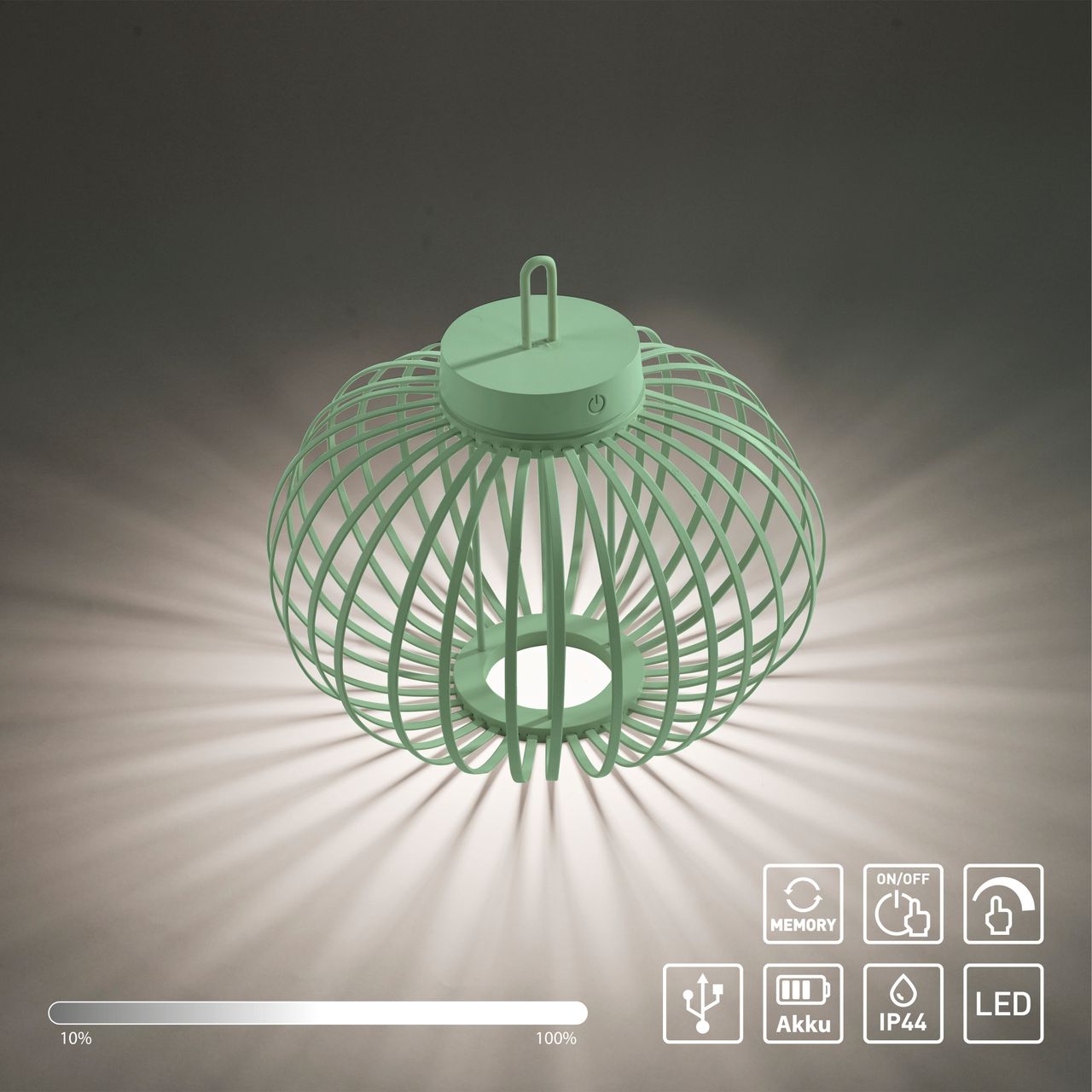 JUST LIGHT Akku Pendelleuchte AKUBA, 1x LED-Board/1,50Watt/2700Kelvin, IP44, Grün