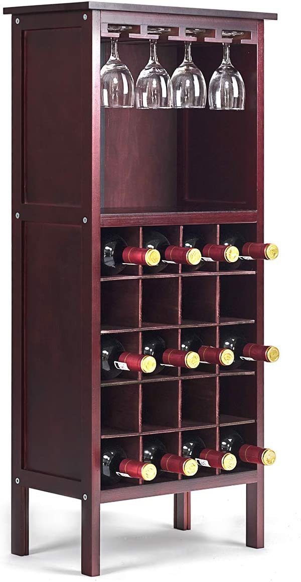 COSTWAY Weinregal, stehend, Holz, für 20 Flaschen, Glasaufhänger, 42x24,5x96cm