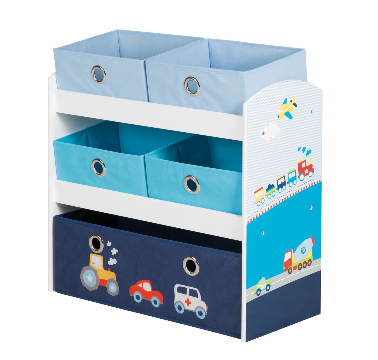 Roba Spielregal Rennfahrer, Spielzeug- & Aufbewahrungs-Regal, inkl. 5 Stoffboxen, Auto blau