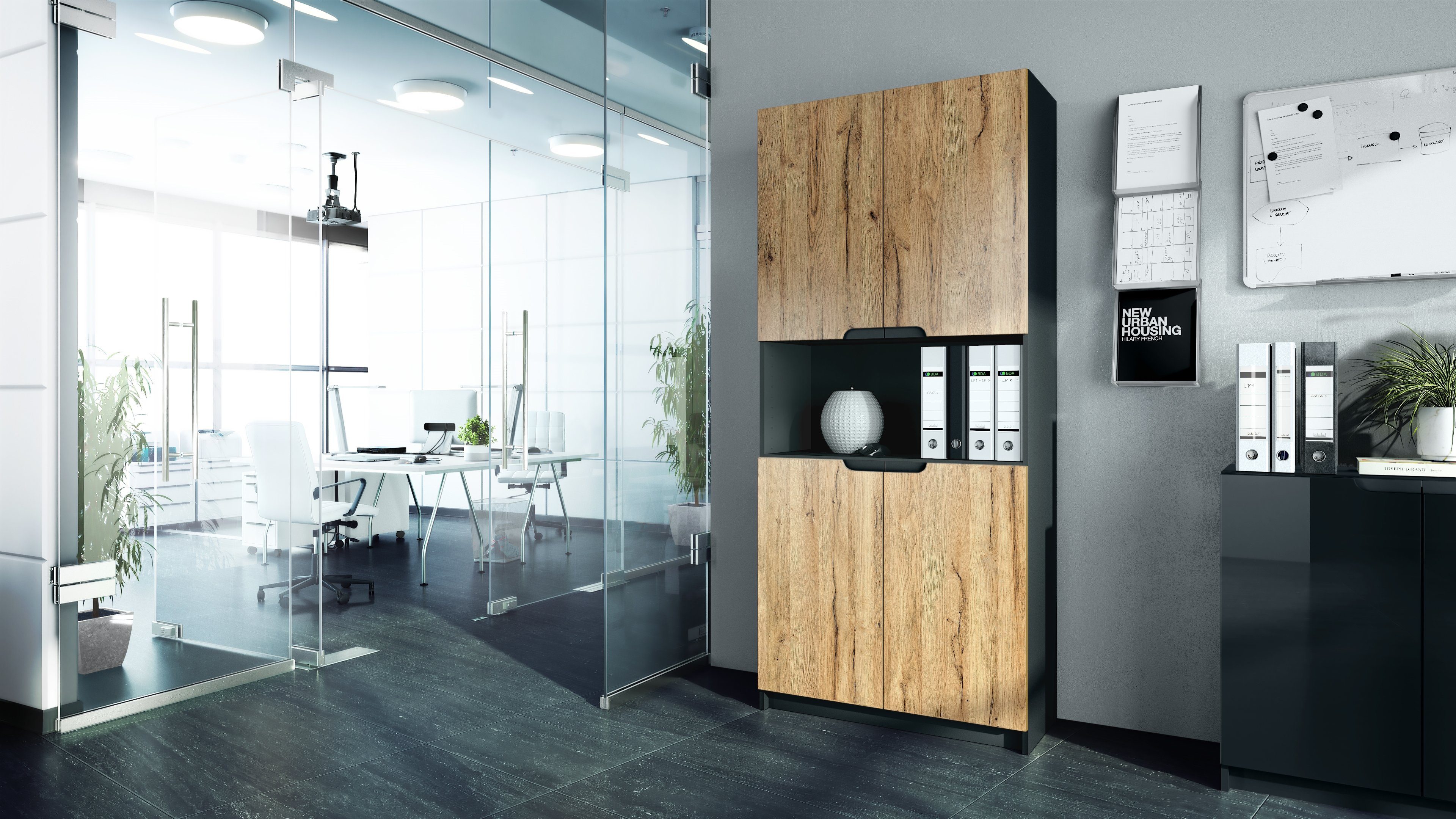 Vladon Aktenschrank Logan (Aktenschrank, mit 5 Fächern und 4 Türen) Schwarz matt/Eiche Natur (82 x 184 x 37 cm)
