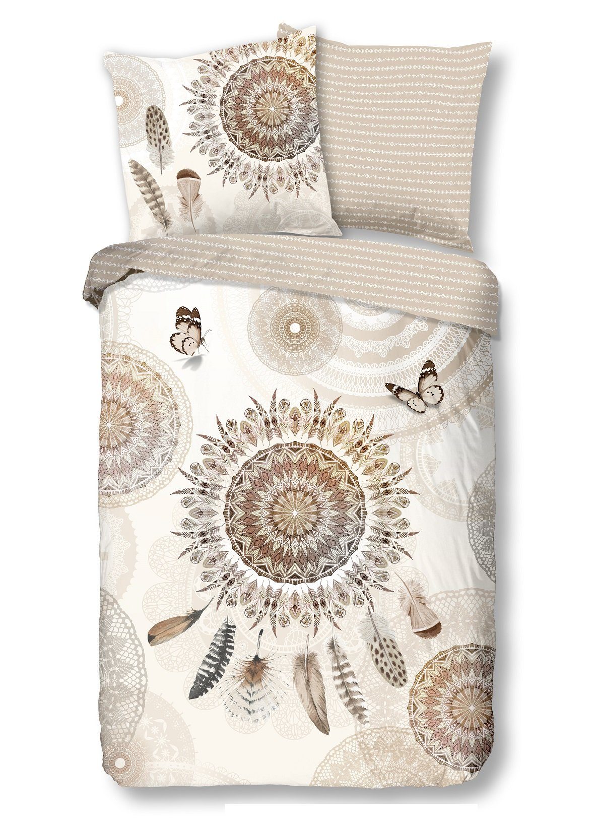 Bettwäsche Comfort Baumwolle, Traumschloss, Flanell, 2 teilig, Mandalas, Federn, Schmetterlinge, beige