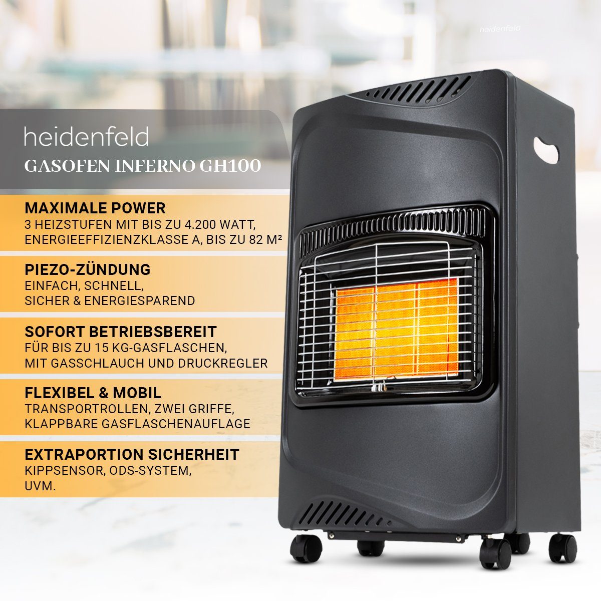 Heidenfeld Heizstrahler Gasheizer GH100 inkl. 3 Jahre Garantie Piezo Zündung, 4200 W, Wärmestrahler 3 regelbare Wärmeleistungen - Heizung - Gasheizgerät