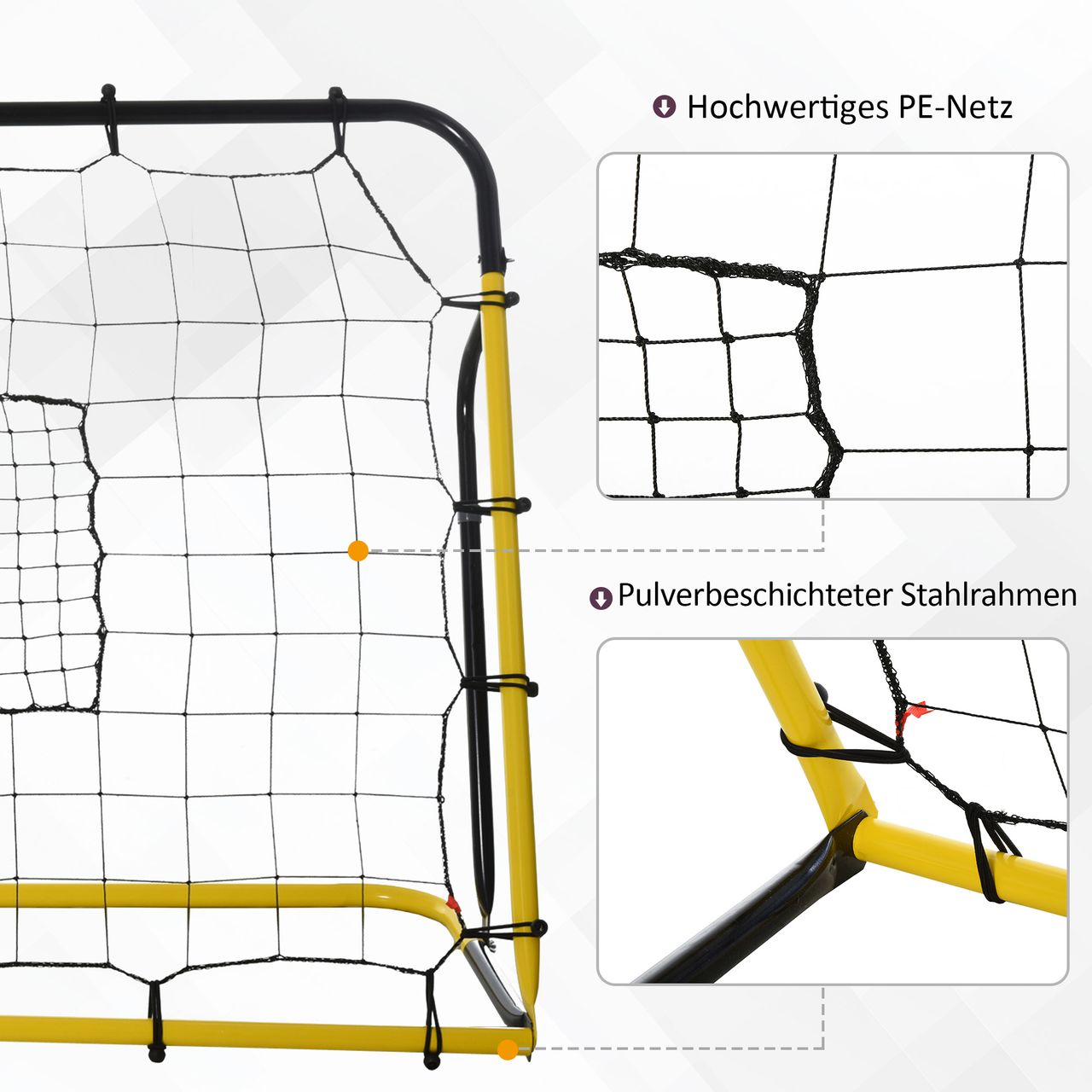 HOMCOM Kickback Fußball Rebounder Tor Rückprallwand Netz für Fußball Gelb Schwarz 184 x 63 x 123 cm