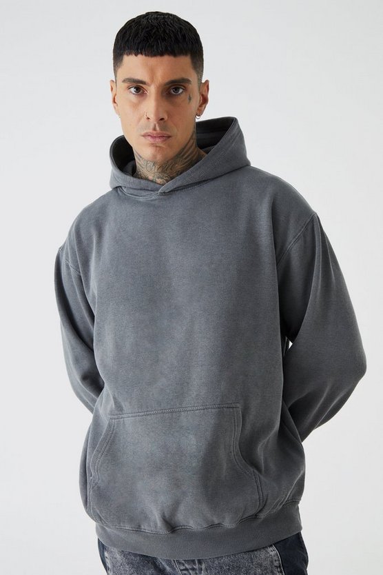 Tall Oversize Hoodie mit Pour Homme Print und Acid-Waschung