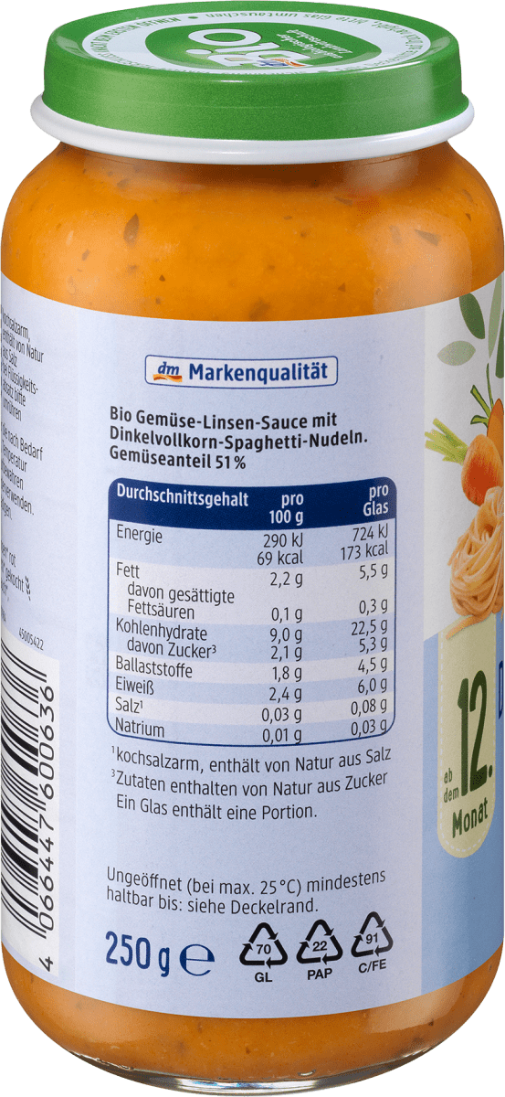 Menü Dinkelspaghetti mit Linsenbolognese, ab dem 12.Monat, 250 g