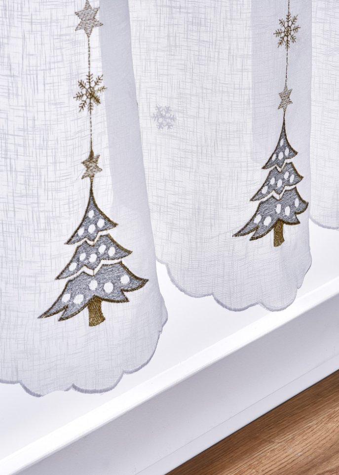 Scheibengardine mit Tannenbaum Stickerei