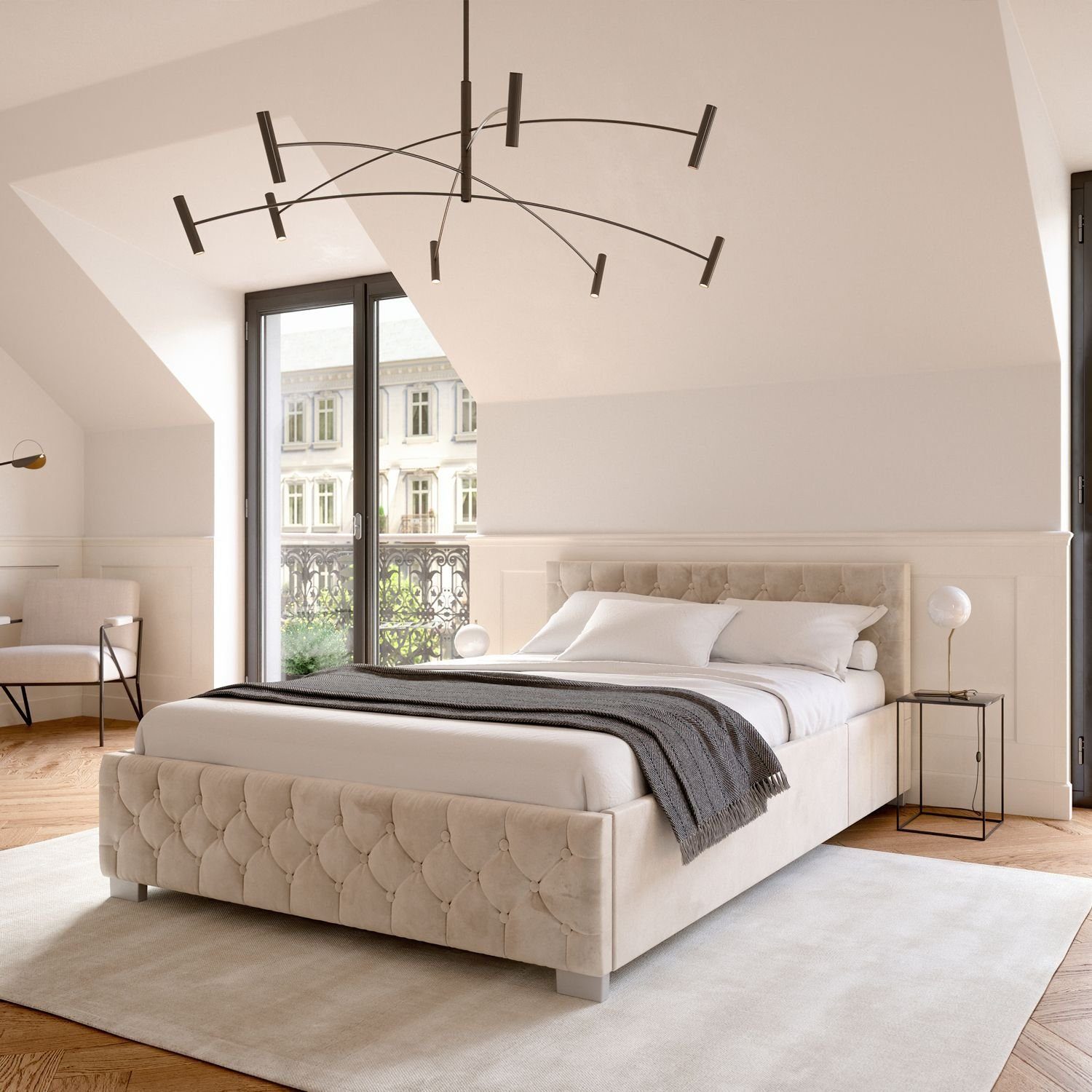 Juskys Polsterbett Nizza, Bettkasten, LED Licht, Chesterfield Steppung, Samtbezug