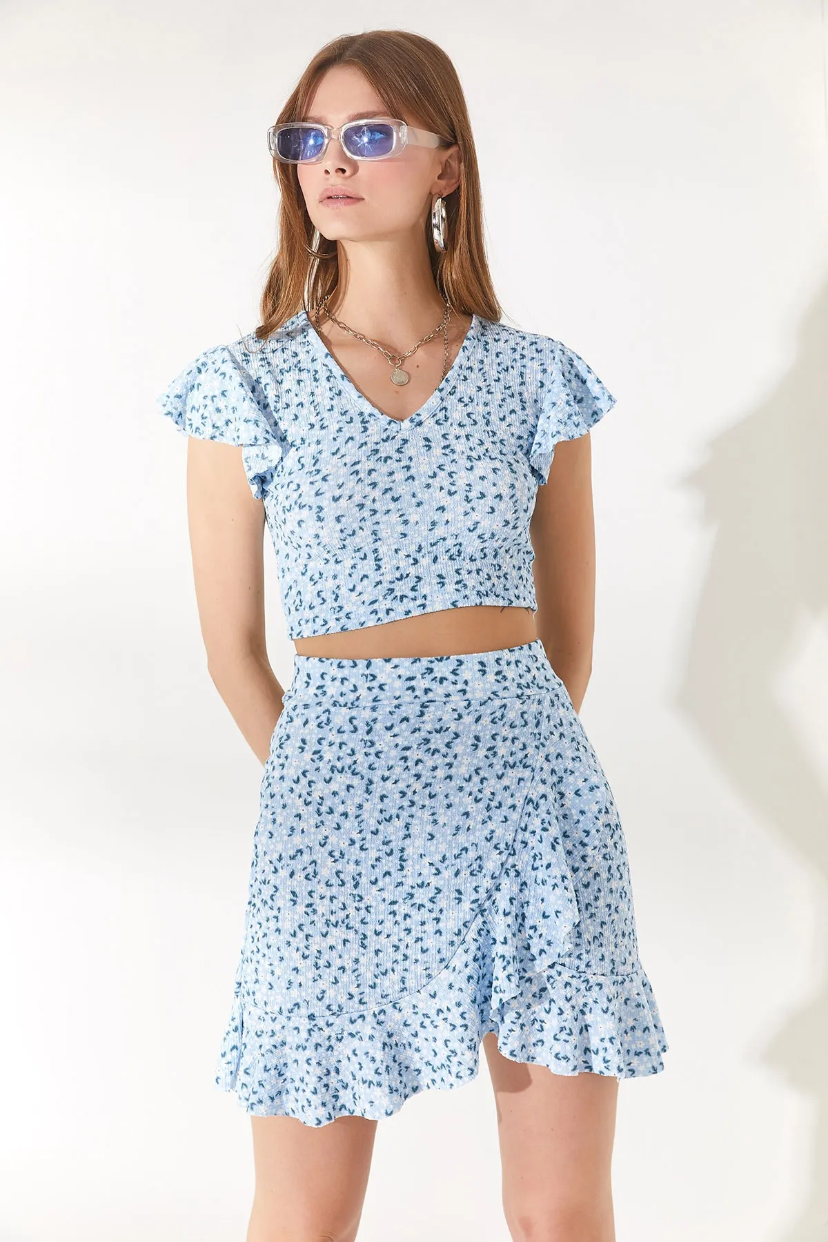 Olalook  Babyblaues Wickelrock-Set aus Oberteil und Unterteil für Damen TKM-19000140