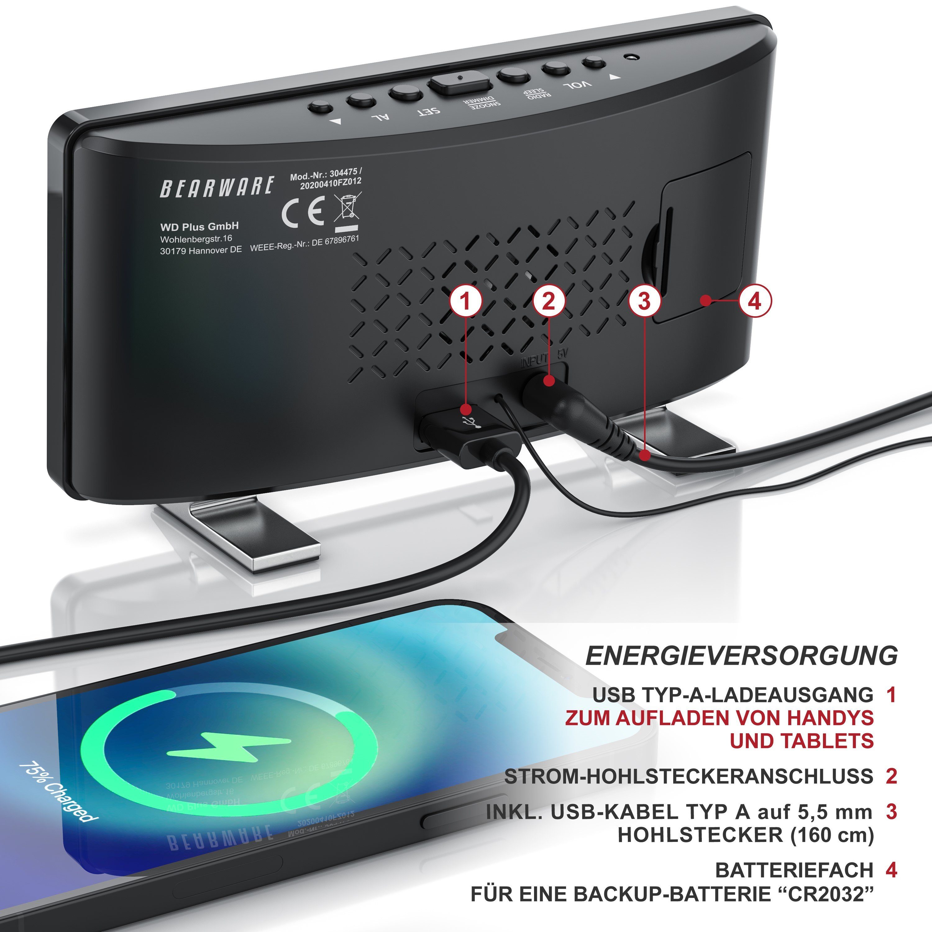 BEARWARE Radiowecker Digitaler Radio Wecker mit Autodimmer, Snooze, 15 FM Radiospeicher