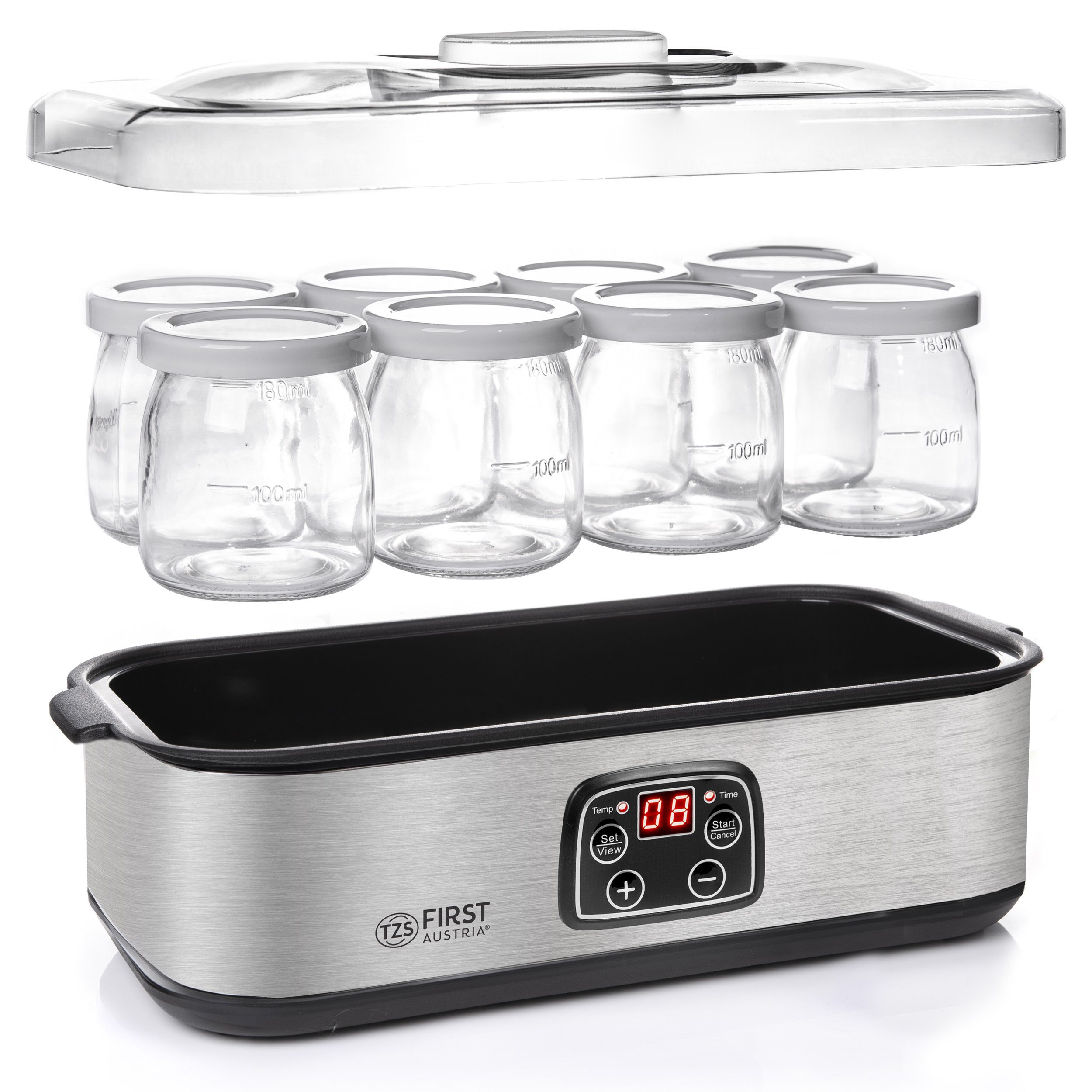 TZS FIRST AUSTRIA Joghurtbereiter Elektischer Joghurtbereiter, Joghurt Maker, 30 W, 8 Gläser, 190 ml, LCD-Display, Temperatureinstellung, Timer- und Auto-Stop-Funktion