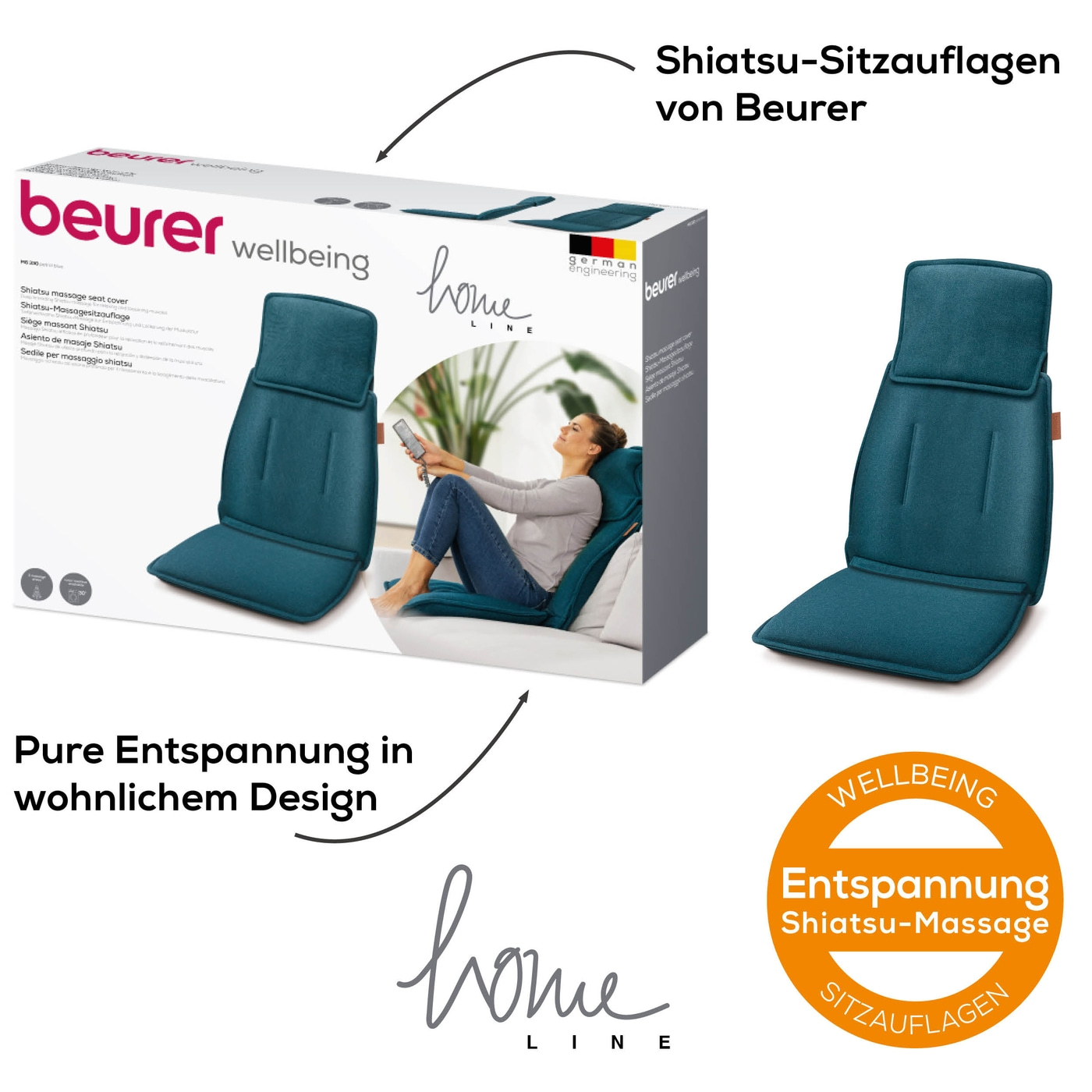 MG 330 Petrol Blue Shiatsu-Massagesitzauflage-Stylische Massagesitzauflage mit 3 Massagebereichen