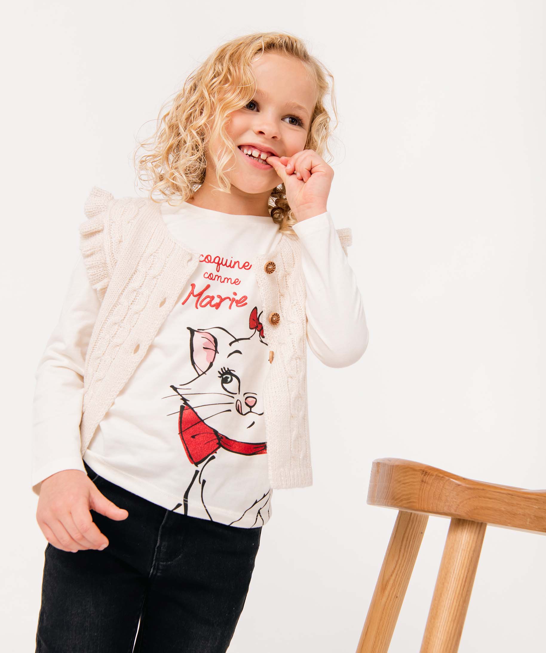 Gilet fille sans manches à maille fantaisie pailletée ecru | GEMO