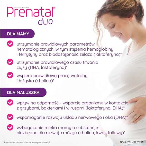 Prenatal Duo, Maisto papildas moterims nuo 13 nėštumo savaitės iki žindymo pabaigos, Kietos kapsulės + želatinos kapsulės