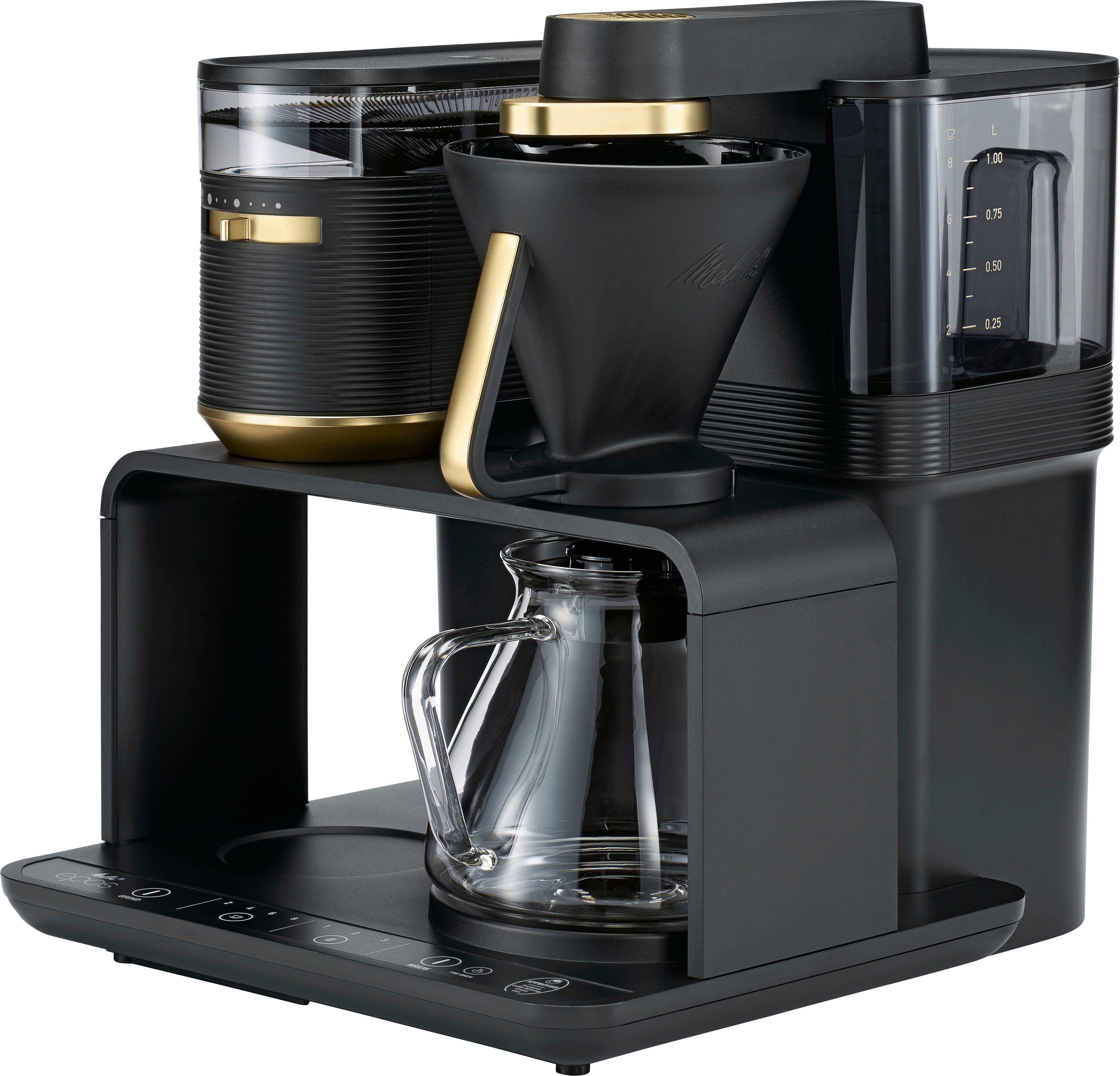 Melitta Kaffeemaschine mit Mahlwerk EPOS® 1024-04, 1l Kaffeekanne, Papierfilter 1x4, Schwarz/Gold, 360°rotierender Wasserauslauf