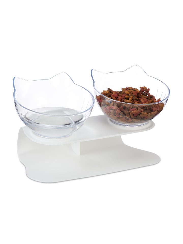 relaxdays Katzen-Doppelnapf in Weiß/ Transparent -  (B)27,5 x (H)16 x (T)13,5 cm günstig kaufen onesize