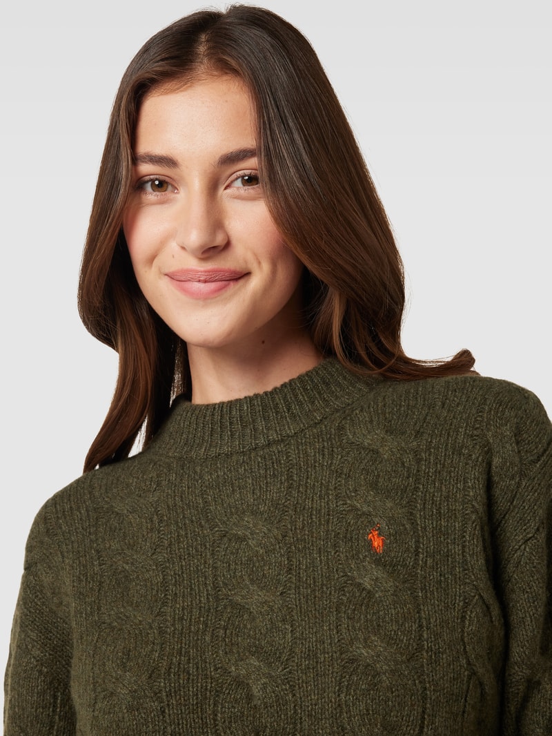 Strickpullover aus Wolle-Kaschmir-Mix mit Zopfmuster in olivgrün