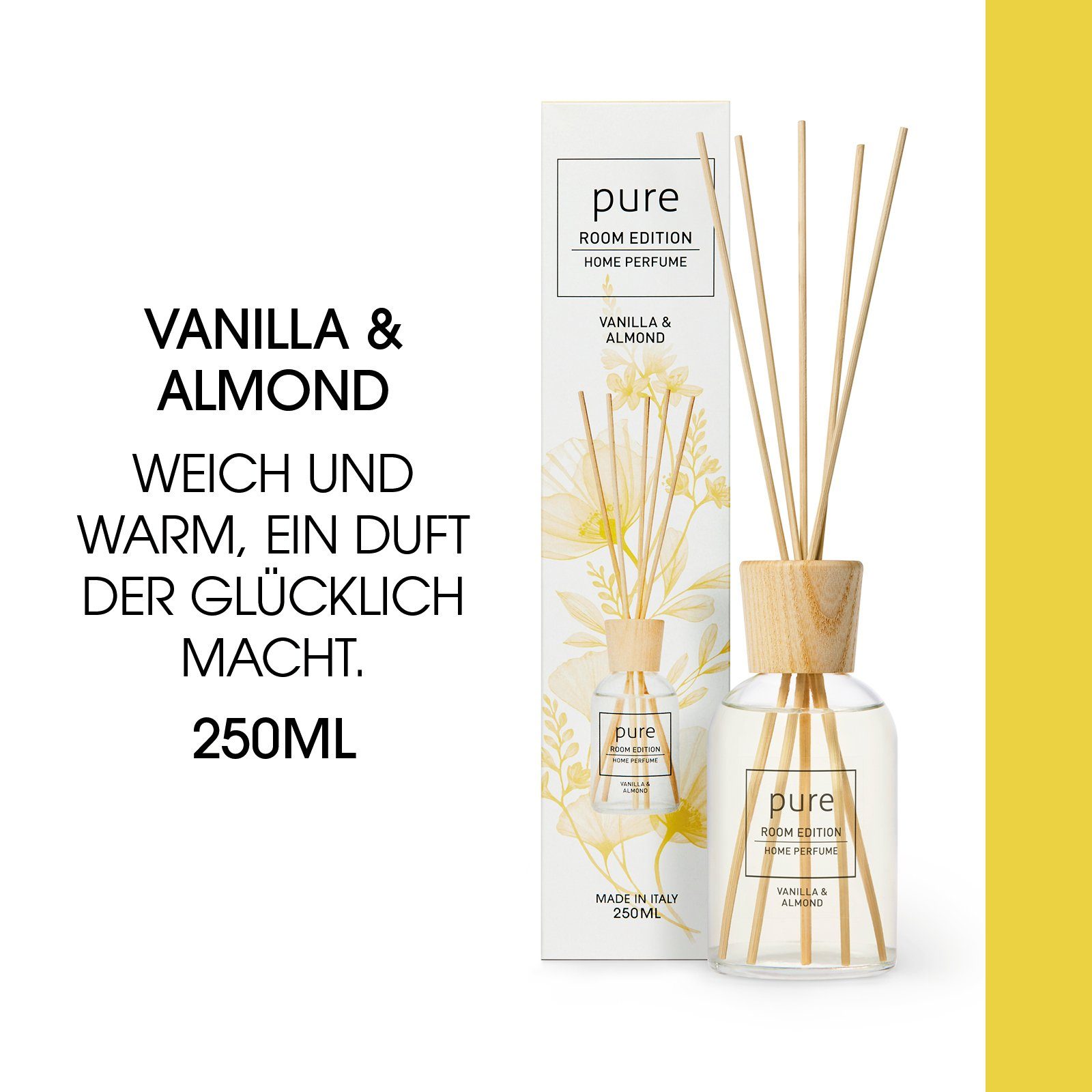 PURE ROOM EDITION Raumduft 250 ml (1 x 250 ml Vanille & Mandel Raumduft + 5 Duftstäbchen)
