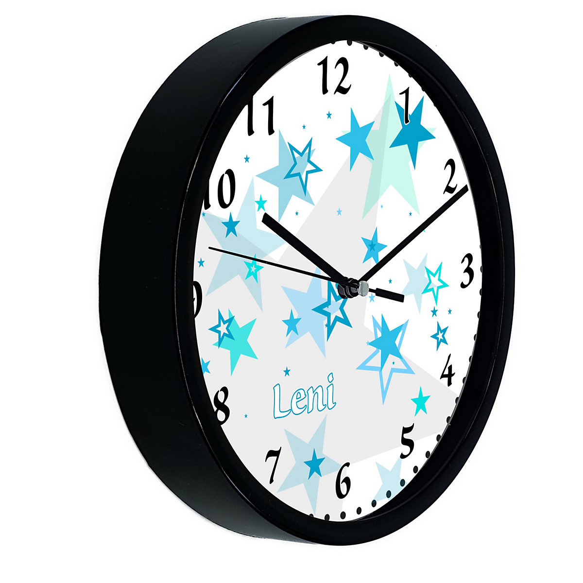 Kinder Wanduhr laufruhig personalisiert mit Name Sternenhimmel Türkis