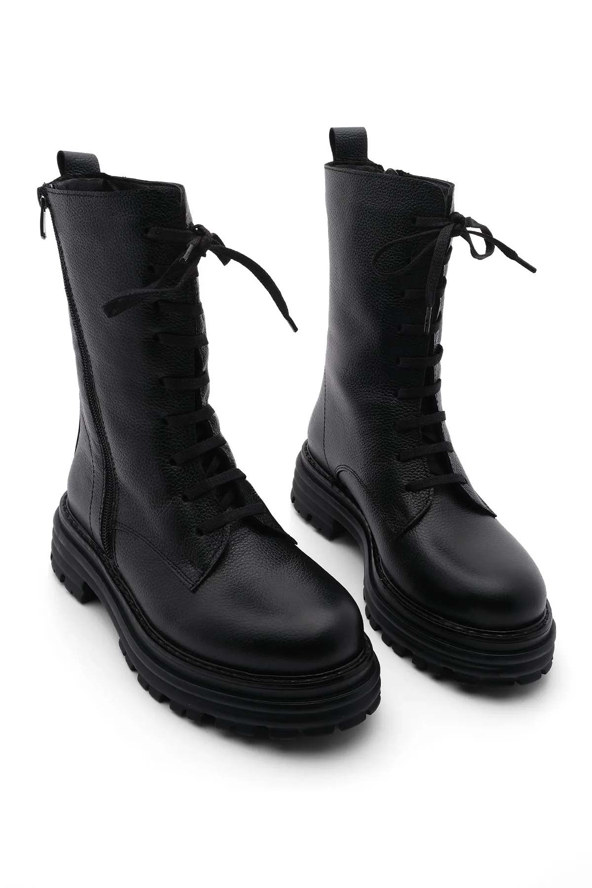Marjin  Damenstiefel aus echtem Leder mit Reißverschluss und Schnürung, dicke Sohle, Alltagsstiefel Viles Schwarz