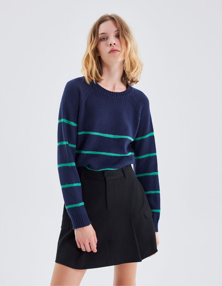 Pull marine tricot à rayures vertes Femme