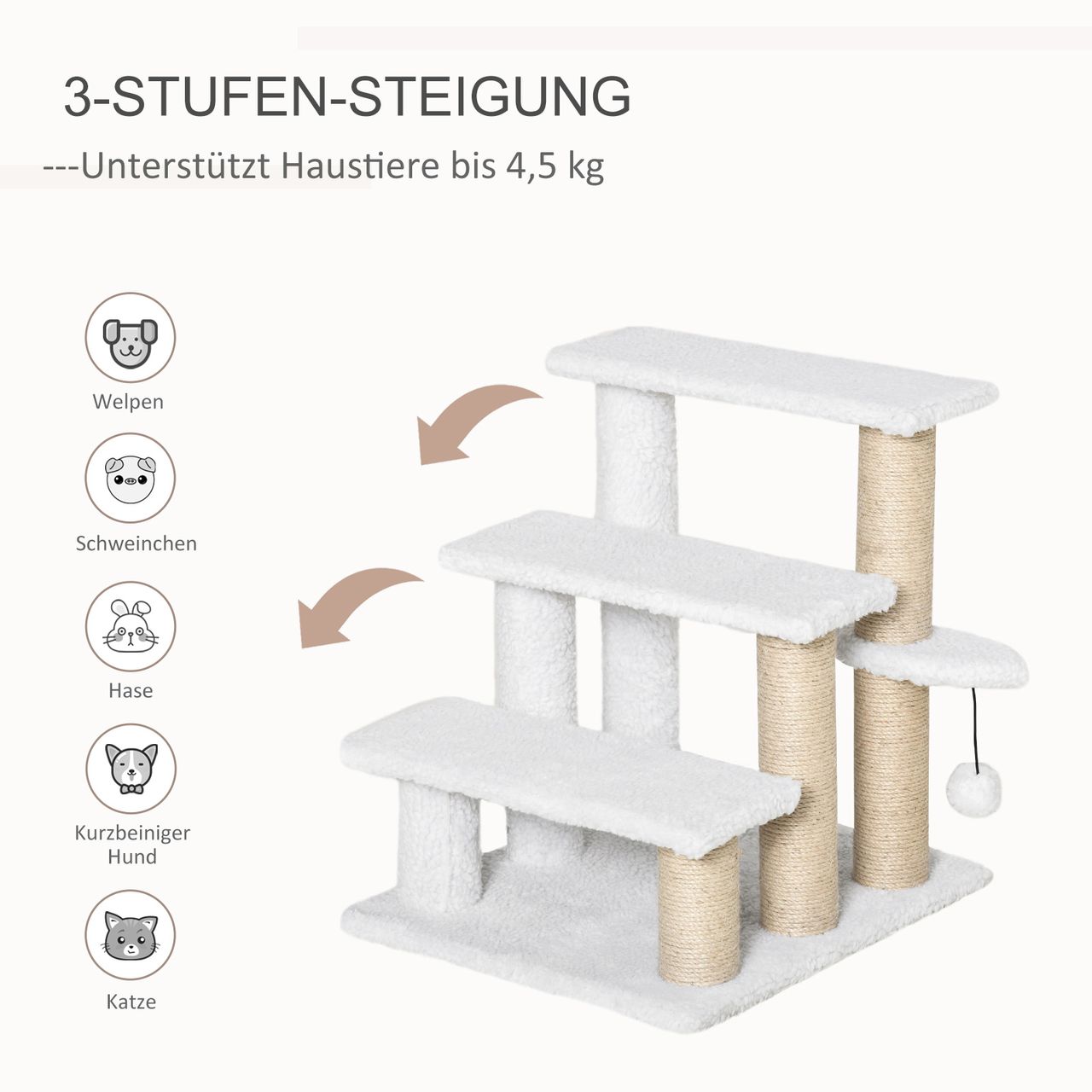 PawHut Haustiertreppe mit Kratzbaum Ball 3-stufige Katzentreppe Hundetreppe Tiertreppe Spanplatte Plüsch Jute Weiß 45 x 40 x 48 cm