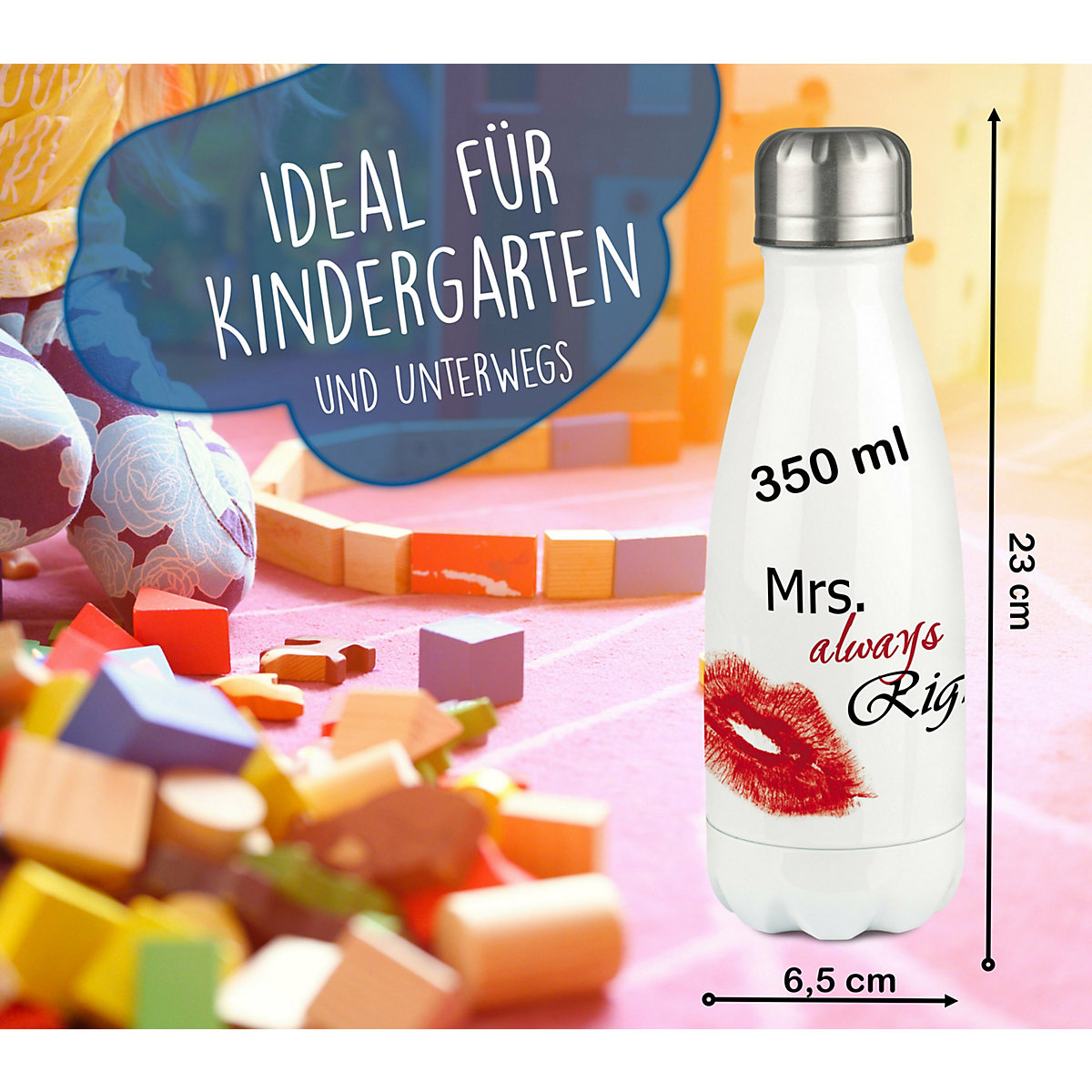 Edelstahl Kinder Thermoflasche / Trinkflasche bunt Kussmund Spülmaschinenfest, Auslaufsicher, Bruchfest, Doppelwandig, Für Heißgetränke geeignet, Mit Deckel, Isoliert
