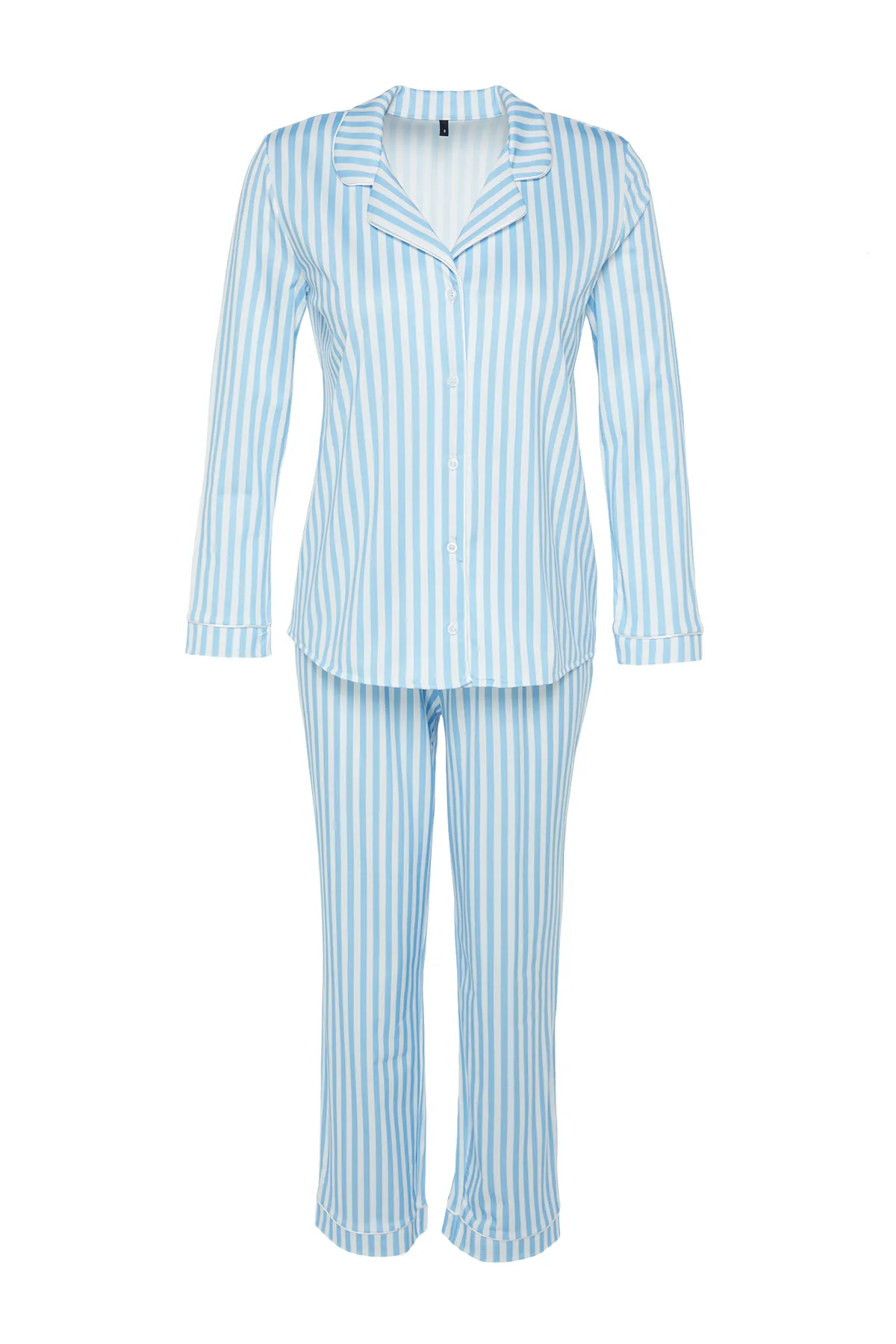 Trendyol Collection  Blaues Pyjama-Set aus Hemd und Hose aus Strick mit gemusterter Fleece-Innenseite und Paspelierung THMAW24PT00050