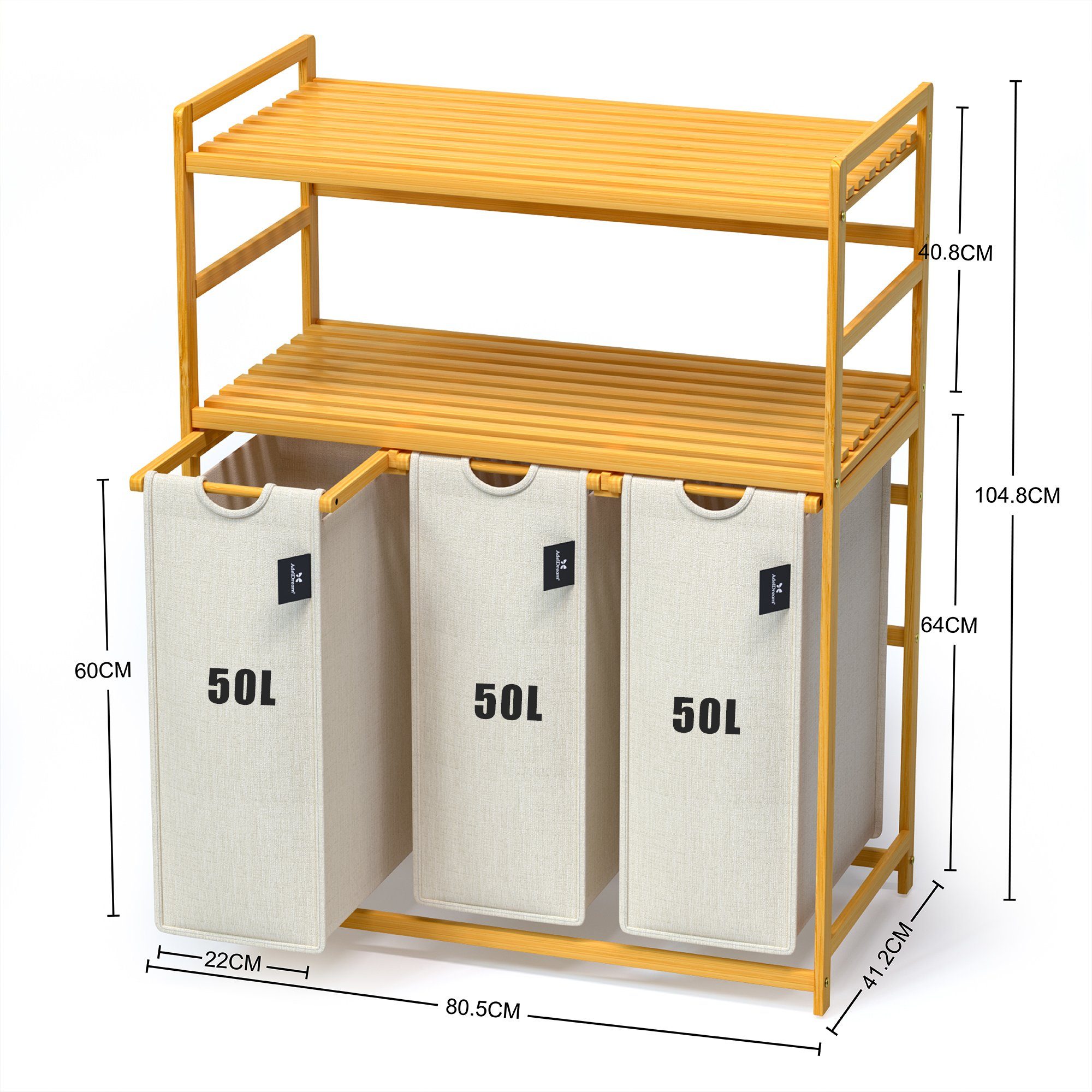 AdelDream Wäschekorb 150 l, 3 Fächer, 2 Regale Wäschesortierer