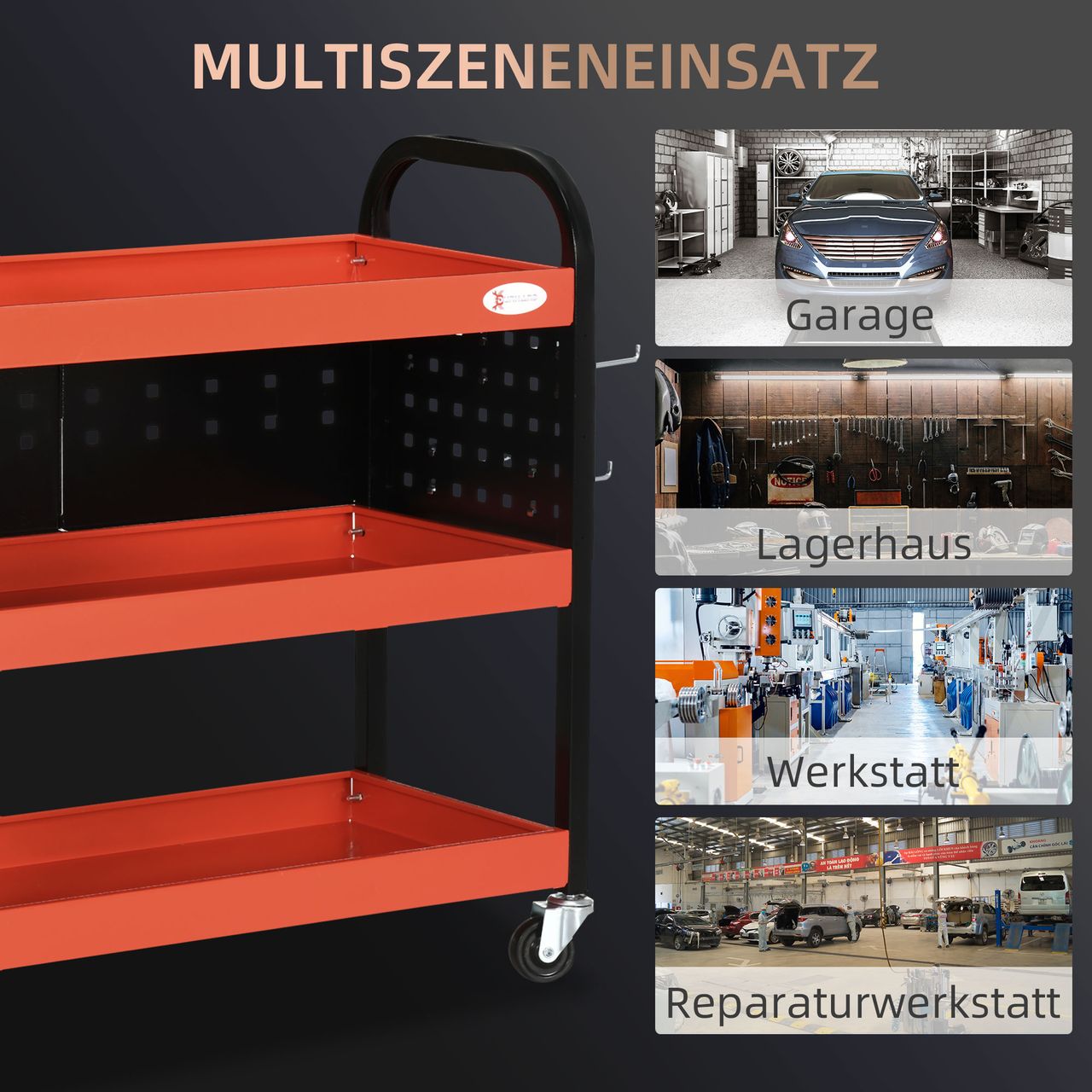 DURHAND Werkzeugwagen mit 3 Regalen Transportwagen mit Hakenlöchern für Garage