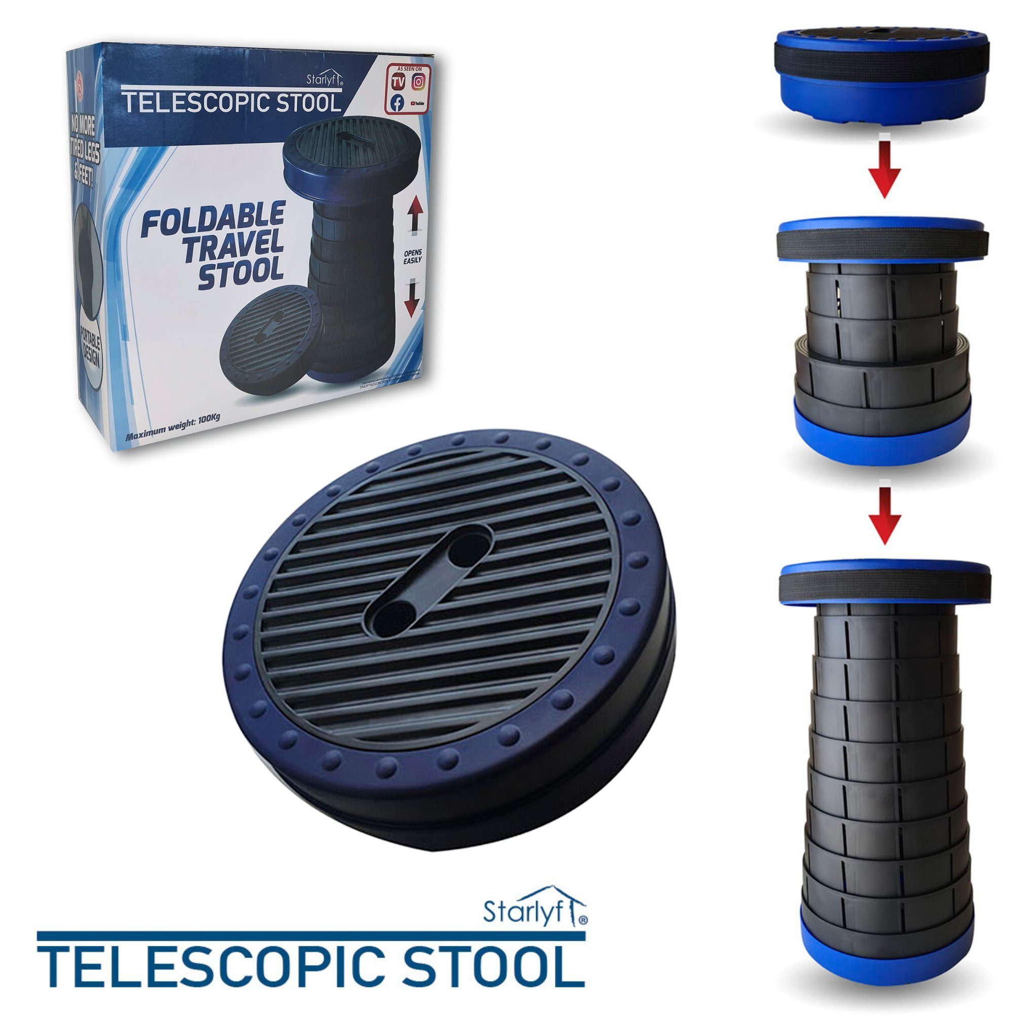 Starlyf Campinghocker Telescopic Stool (1 St., Spar-Set 1er oder 2er Pack), Tragbarer- ausziehbarer Klappstuhl, kompakt und leicht, bis 100 kg